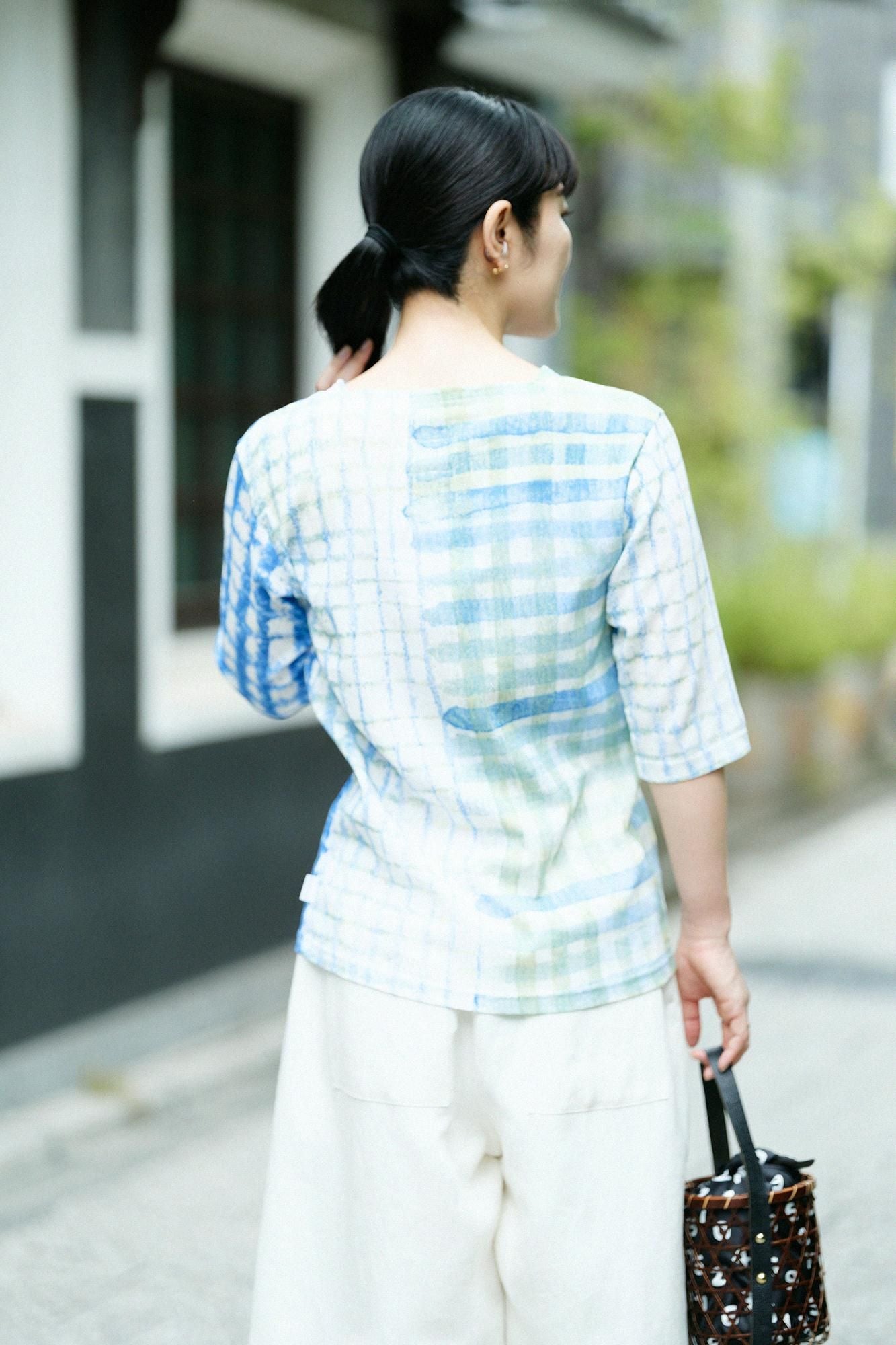 高島縮棉 40/40方領上衣六分袖/無常