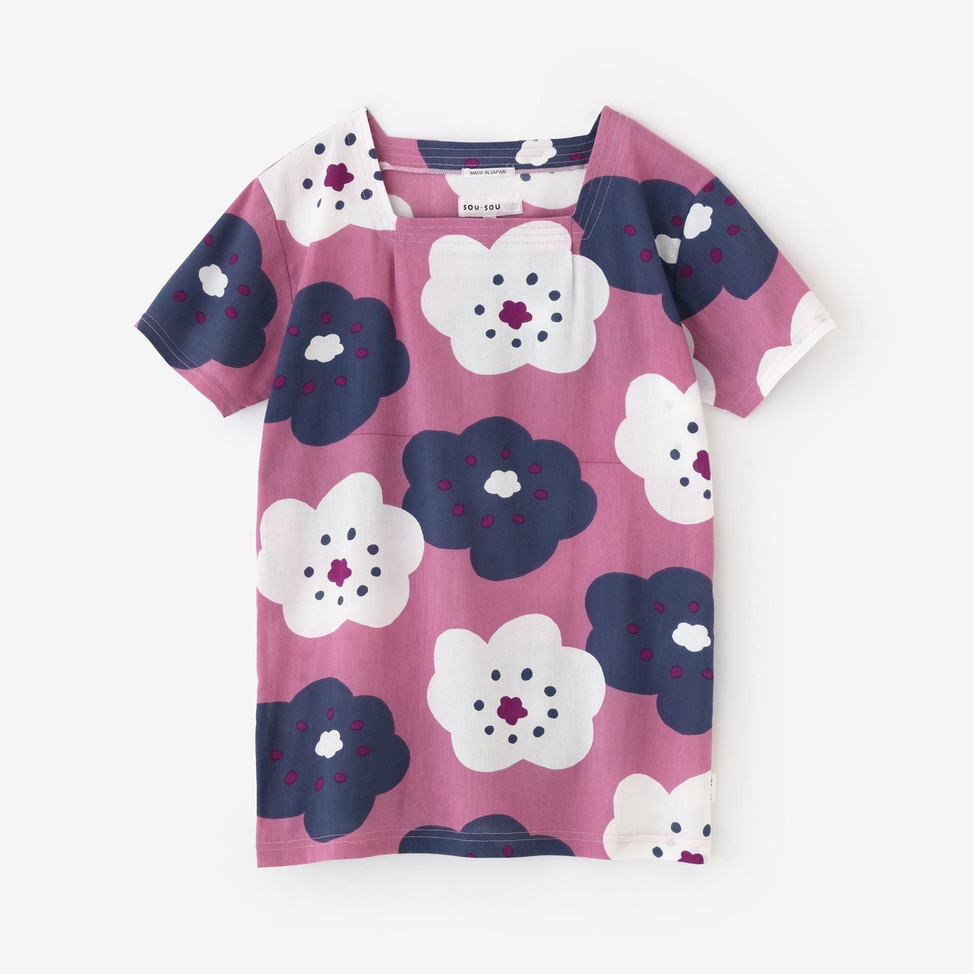 高島縮棉 40/40方領上衣 短袖/微笑 粉紅色