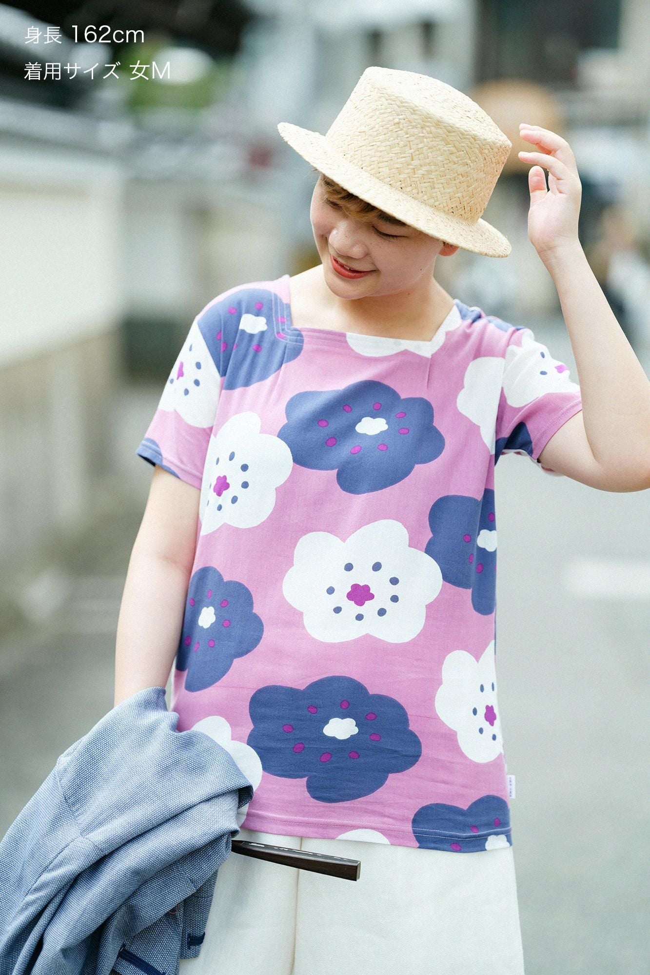 高島縮棉 40/40方領上衣 短袖/微笑 粉紅色