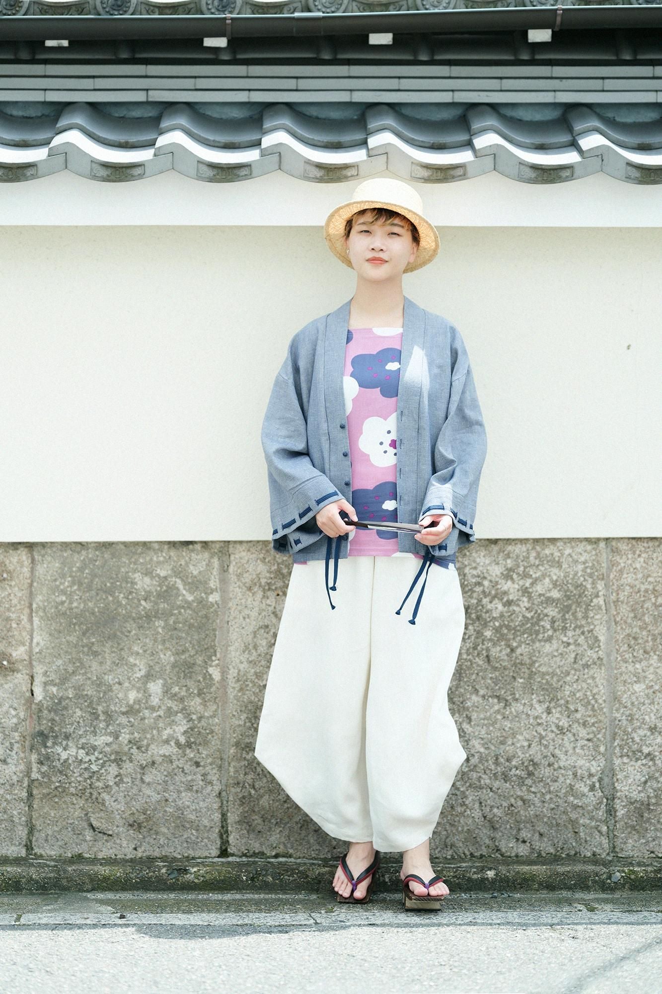 高島縮棉 40/40方領上衣 短袖/微笑 粉紅色