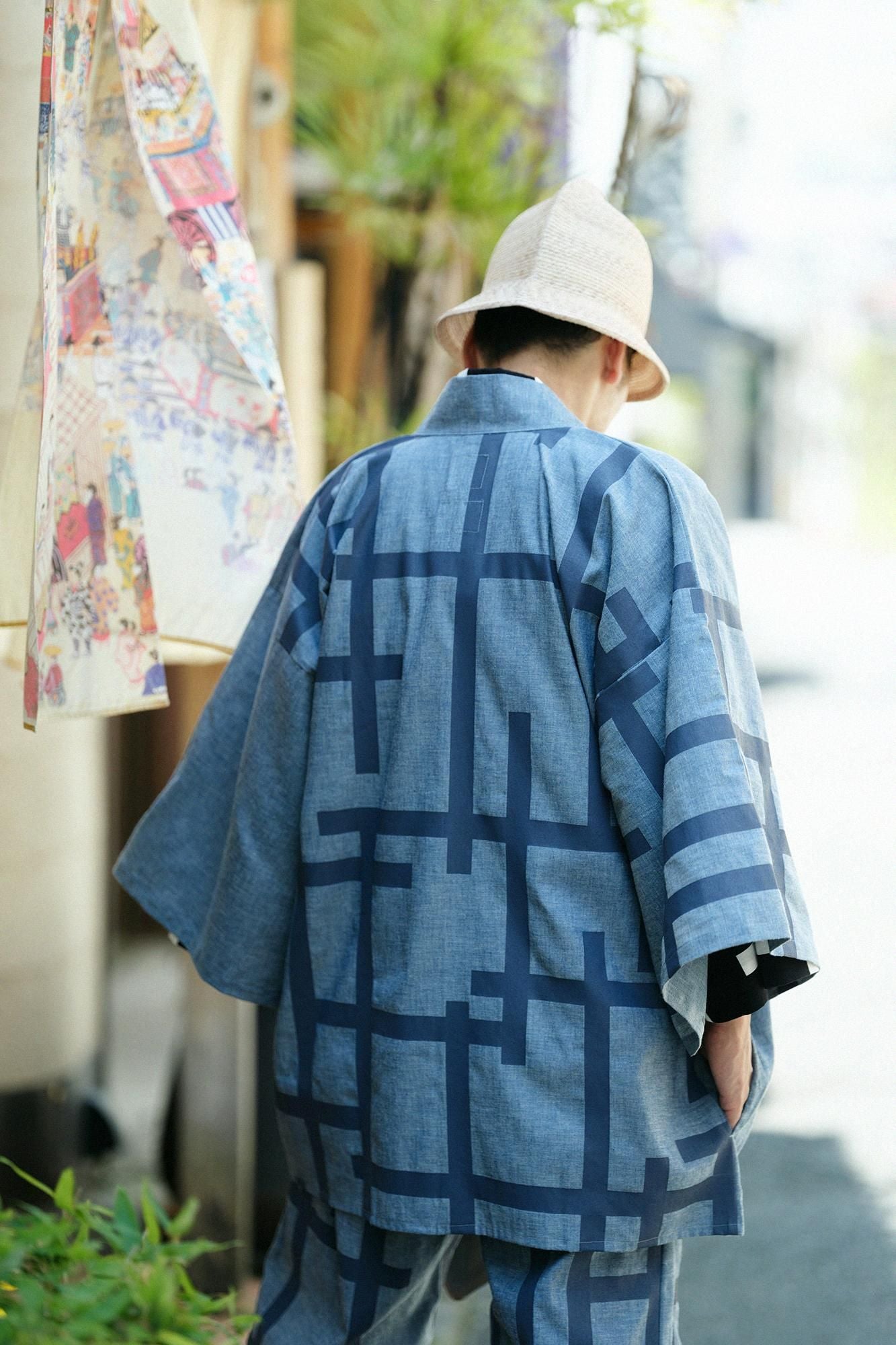 錢布雷布甚兵衛羽織/藍灰色x柵欄