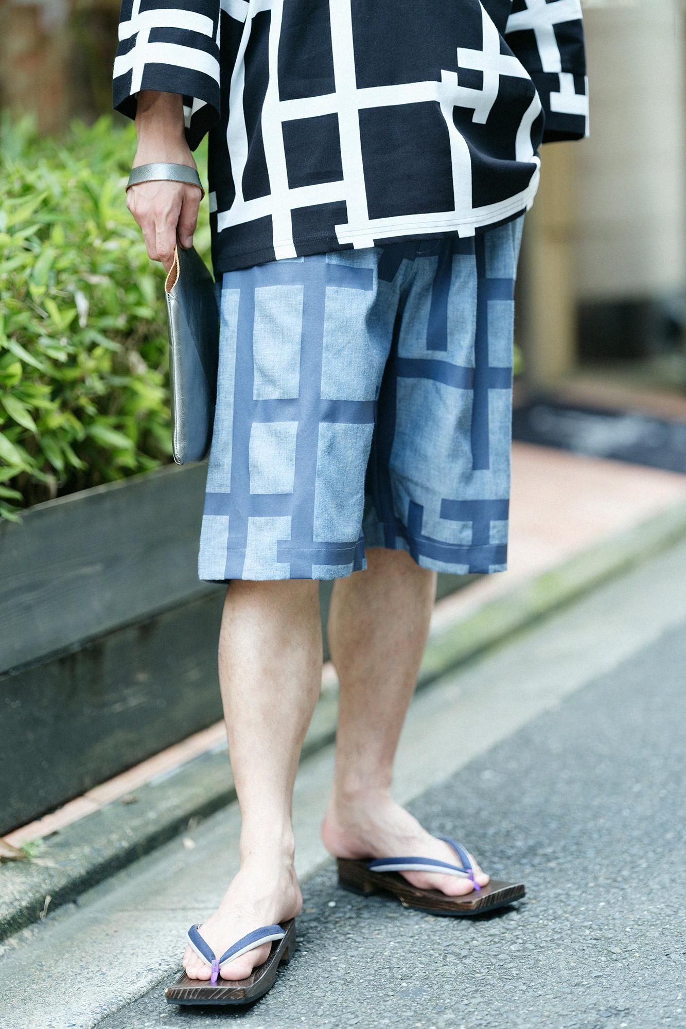 錢布雷布甚兵衛羽織/藍灰色x柵欄