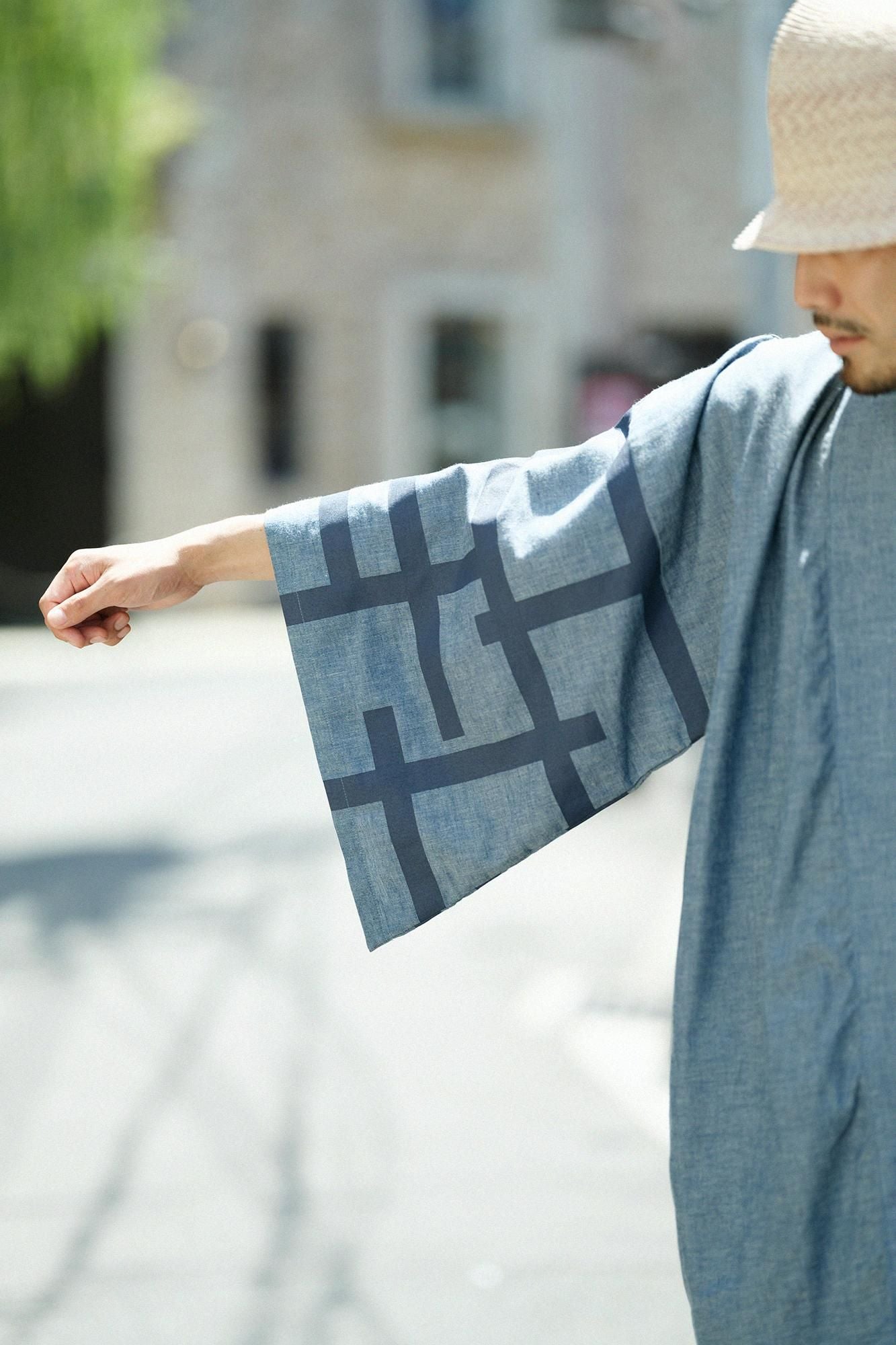 錢布雷布甚兵衛羽織/藍灰色x柵欄