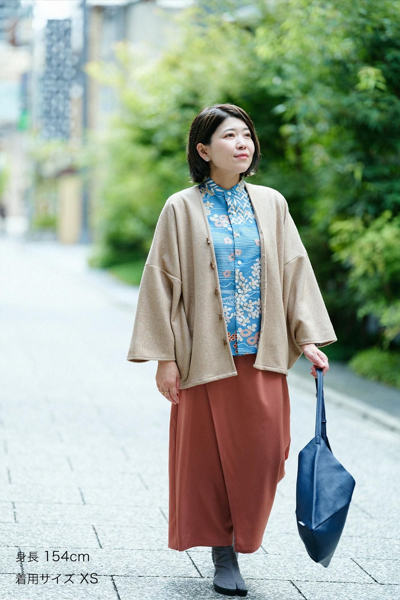 伸 梳毛 和服褲裝/淺磚紅色