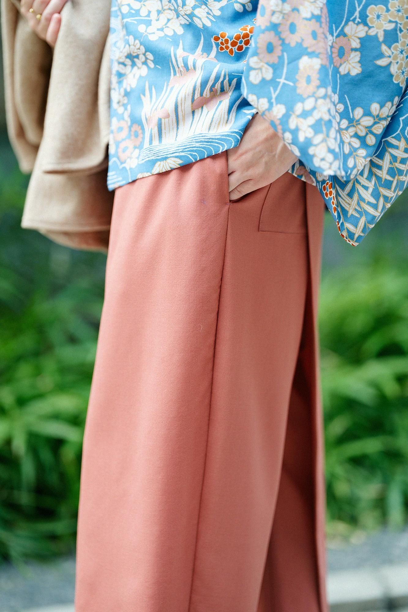 伸 梳毛 和服褲裝/淺磚紅色