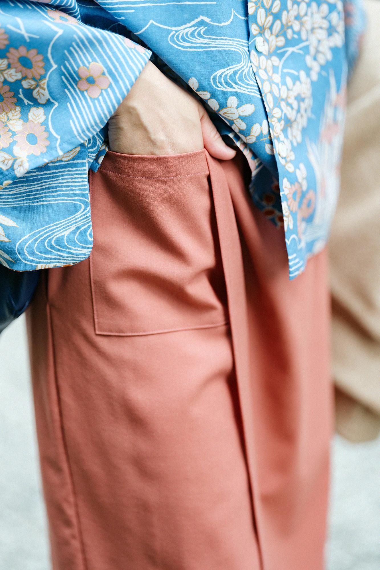 伸 梳毛 和服褲裝/淺磚紅色