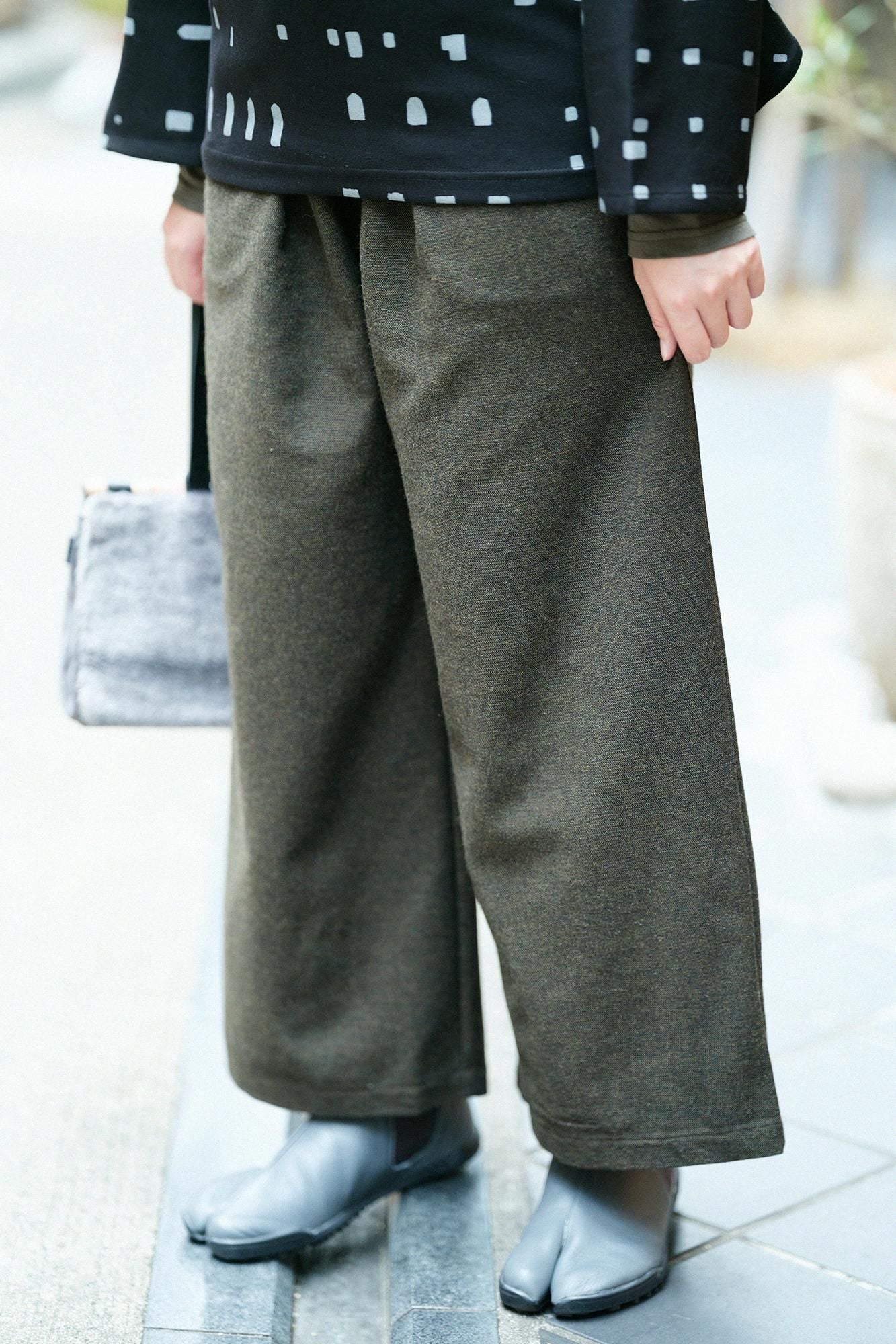 棉毛混紡二褶闊腿褲/綠褐色