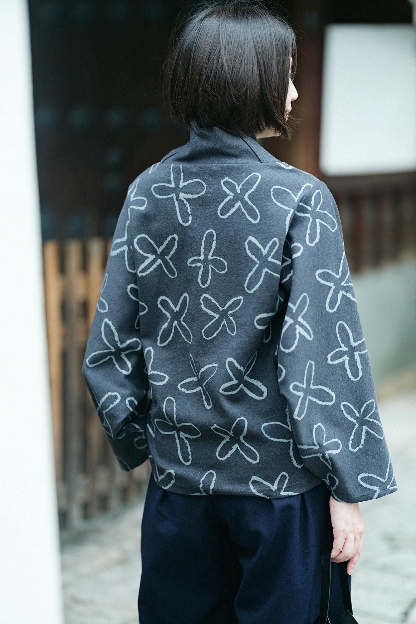 Interlock Knitting Shiraiki Kimono Collar Top / Suzushiro Ink Black