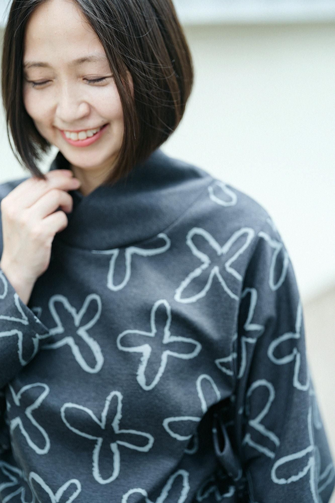 Interlock Knitting Shiraiki Kimono Collar Top / Suzushiro Ink Black