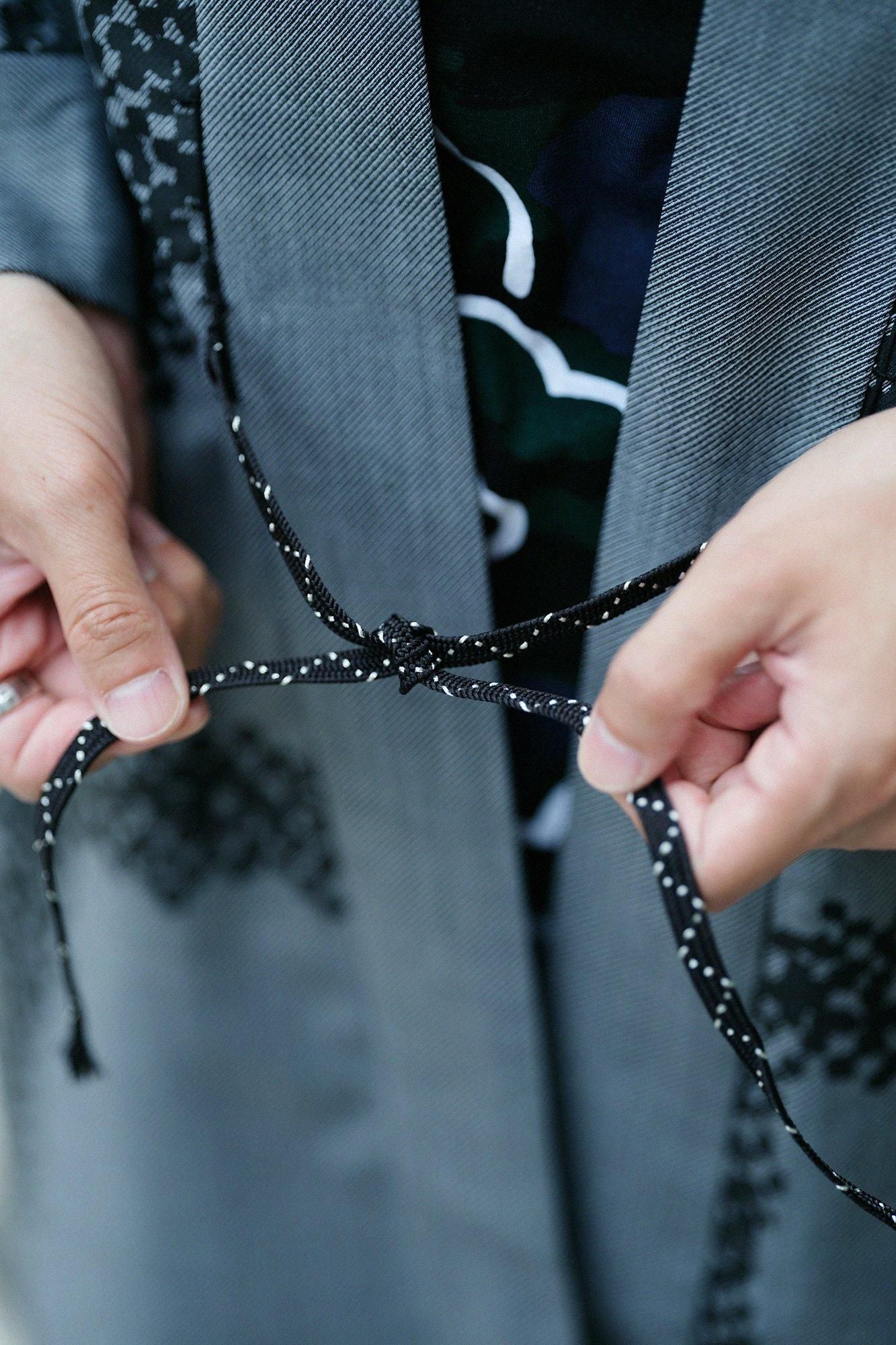 Combed Yarn Twill Weave Hanten Long-sleeved Jacket Mid-length with Lining / Tied-up