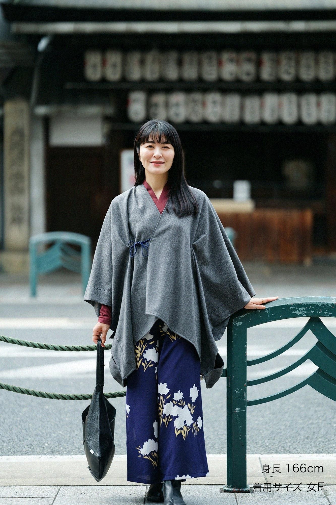 梳毛條紋 如月披風斗篷/深灰色