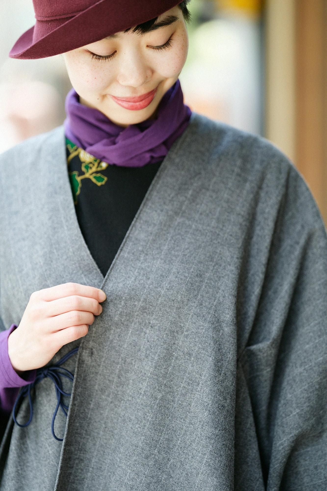 梳毛條紋 如月披風斗篷/深灰色