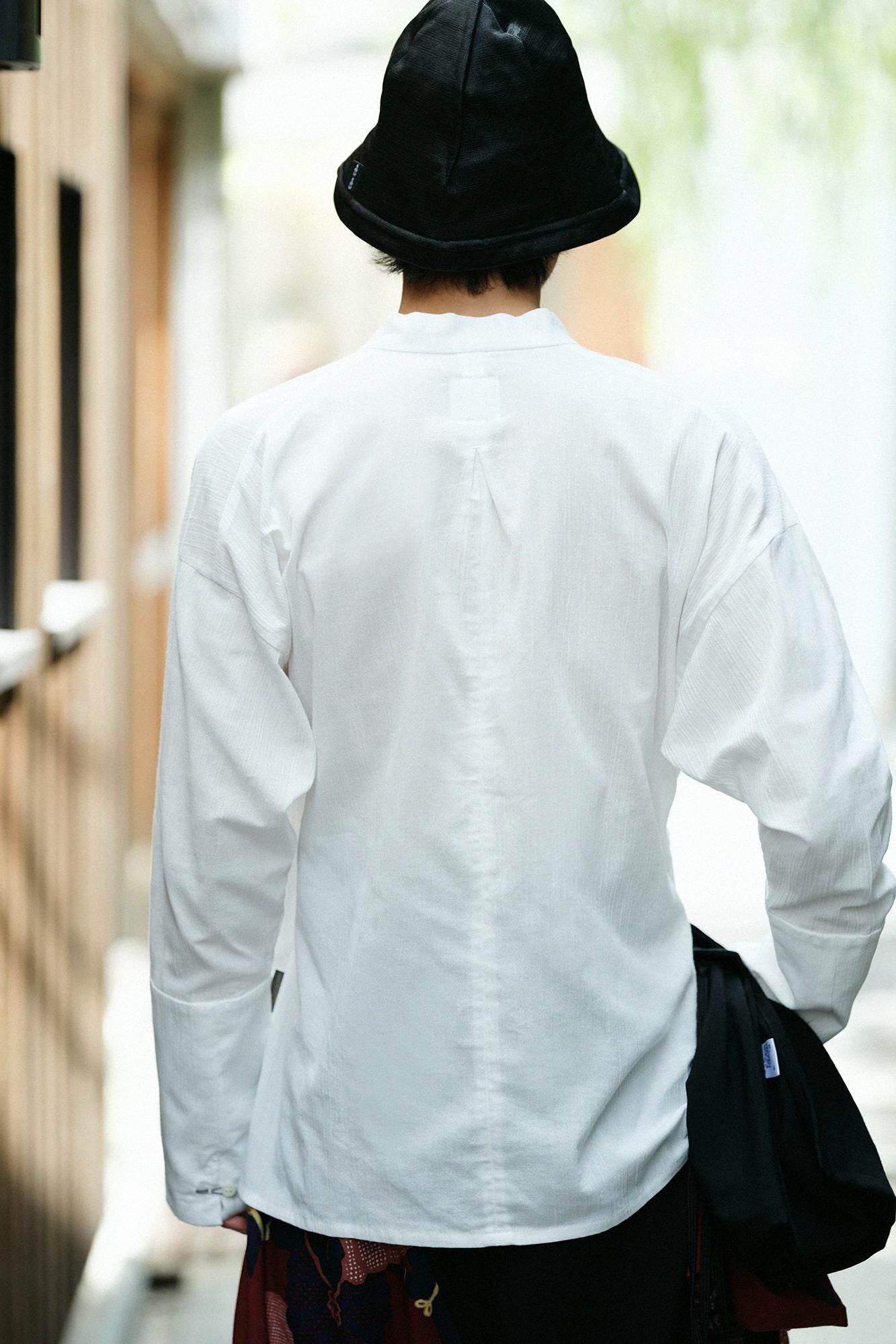 高島縮棉 20/20筒袖作務襯衫/白色