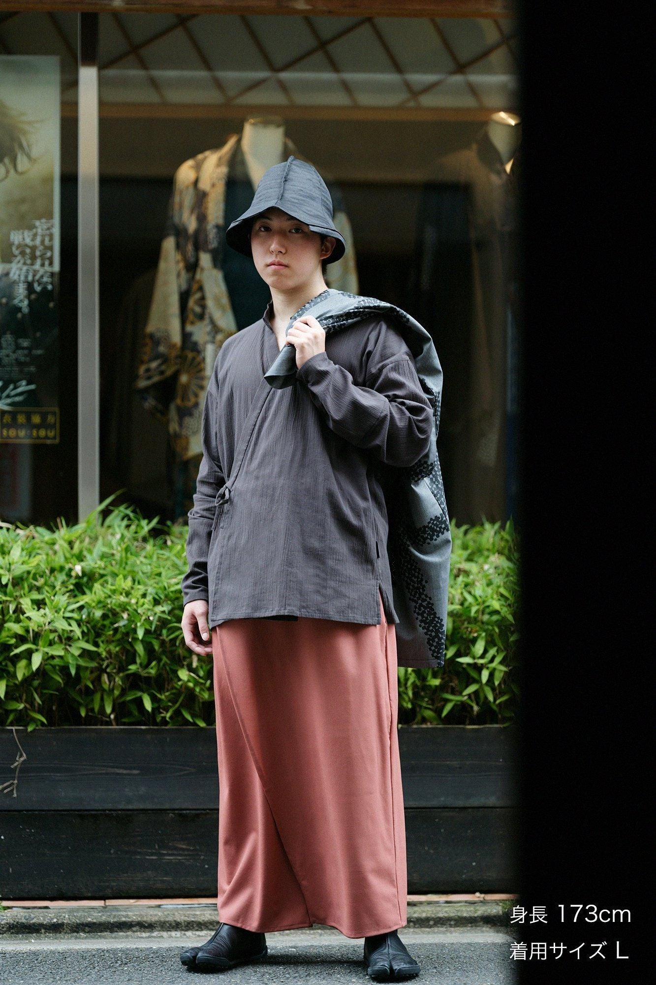 高島縮棉 20/20 筒袖作務襯衫(我把它浸在後面)/深灰色