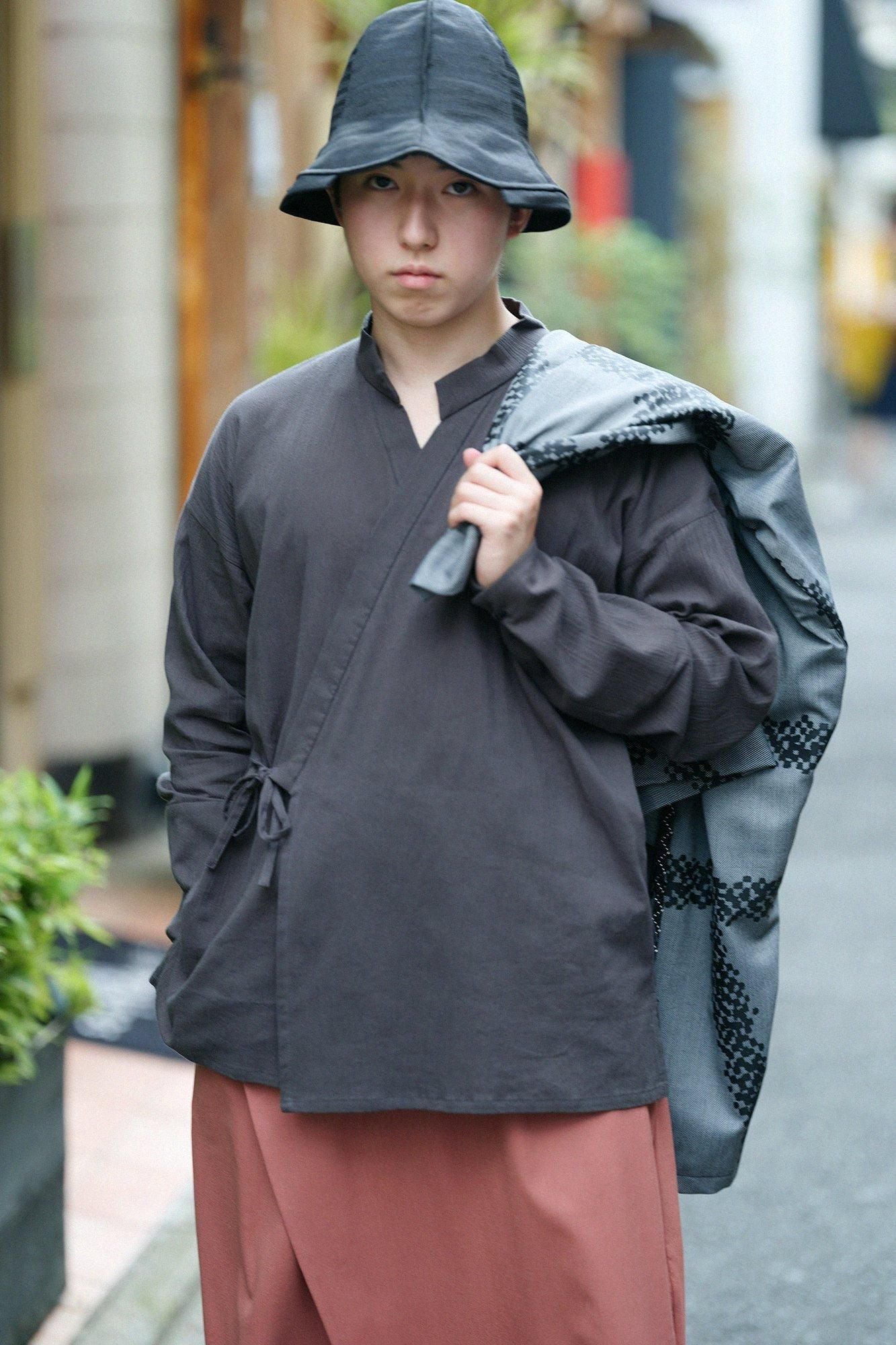 高島縮棉 20/20 筒袖作務襯衫(我把它浸在後面)/深灰色