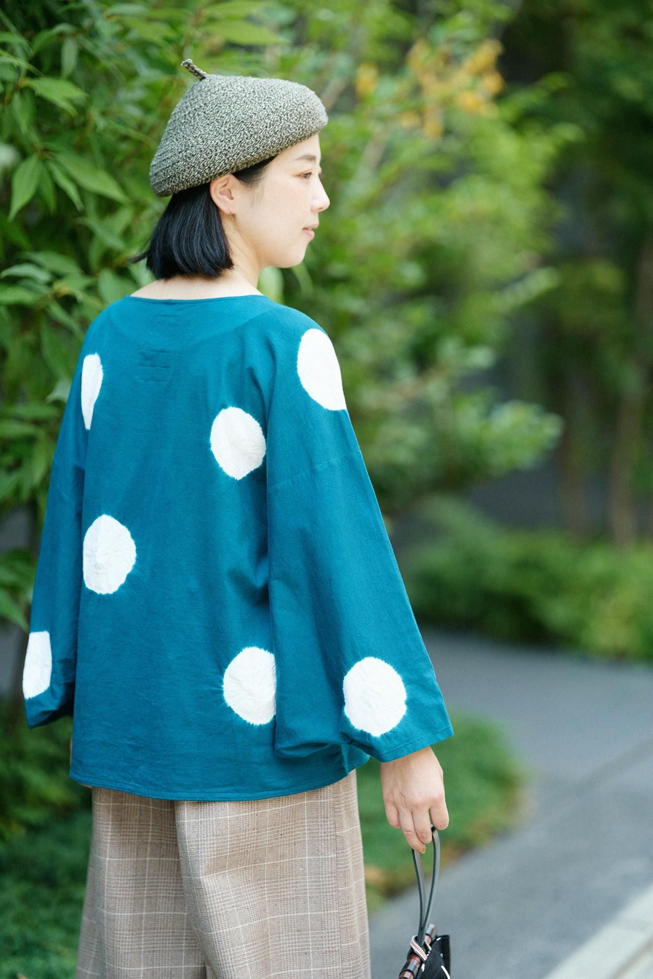 田端紮染 圓弧袖 方形上衣/大圓點 常磐綠×白色