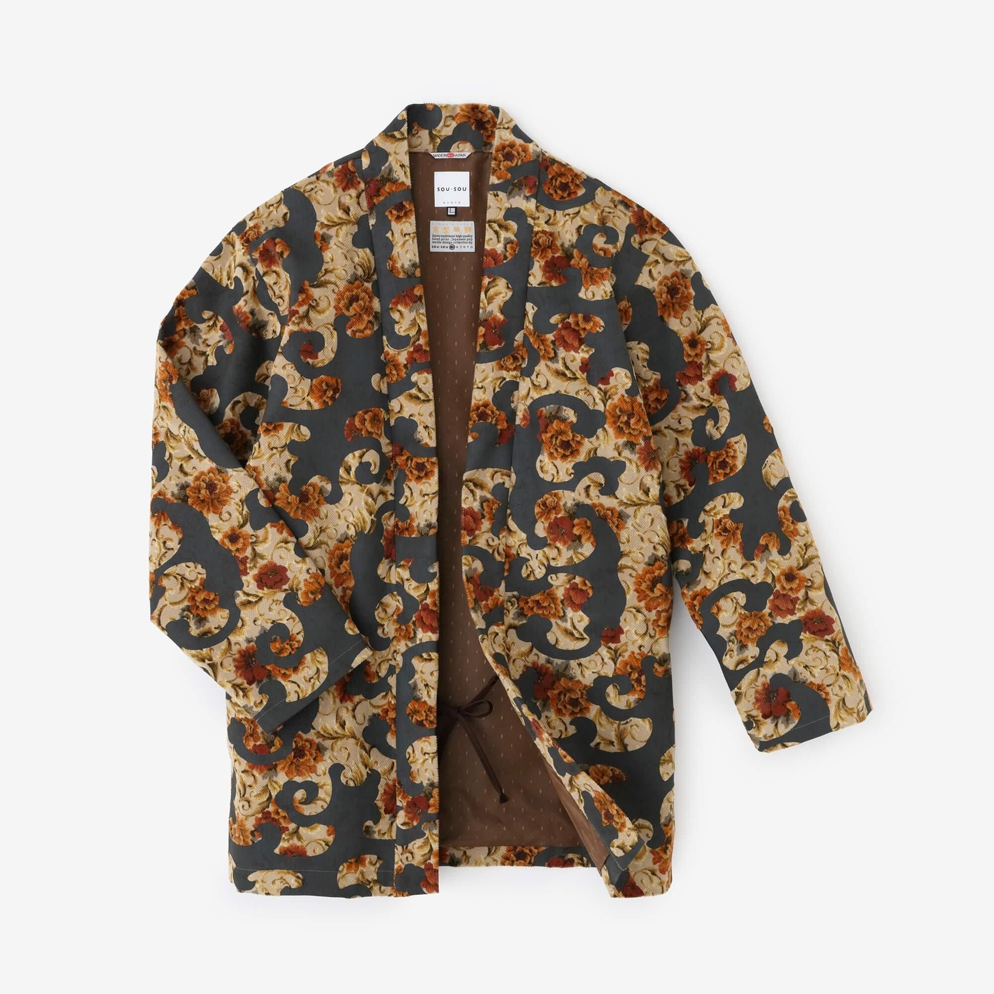 Corduroy Hanten Long-sleeved Jacket with Lining / Chinese Flower and Raging Billows