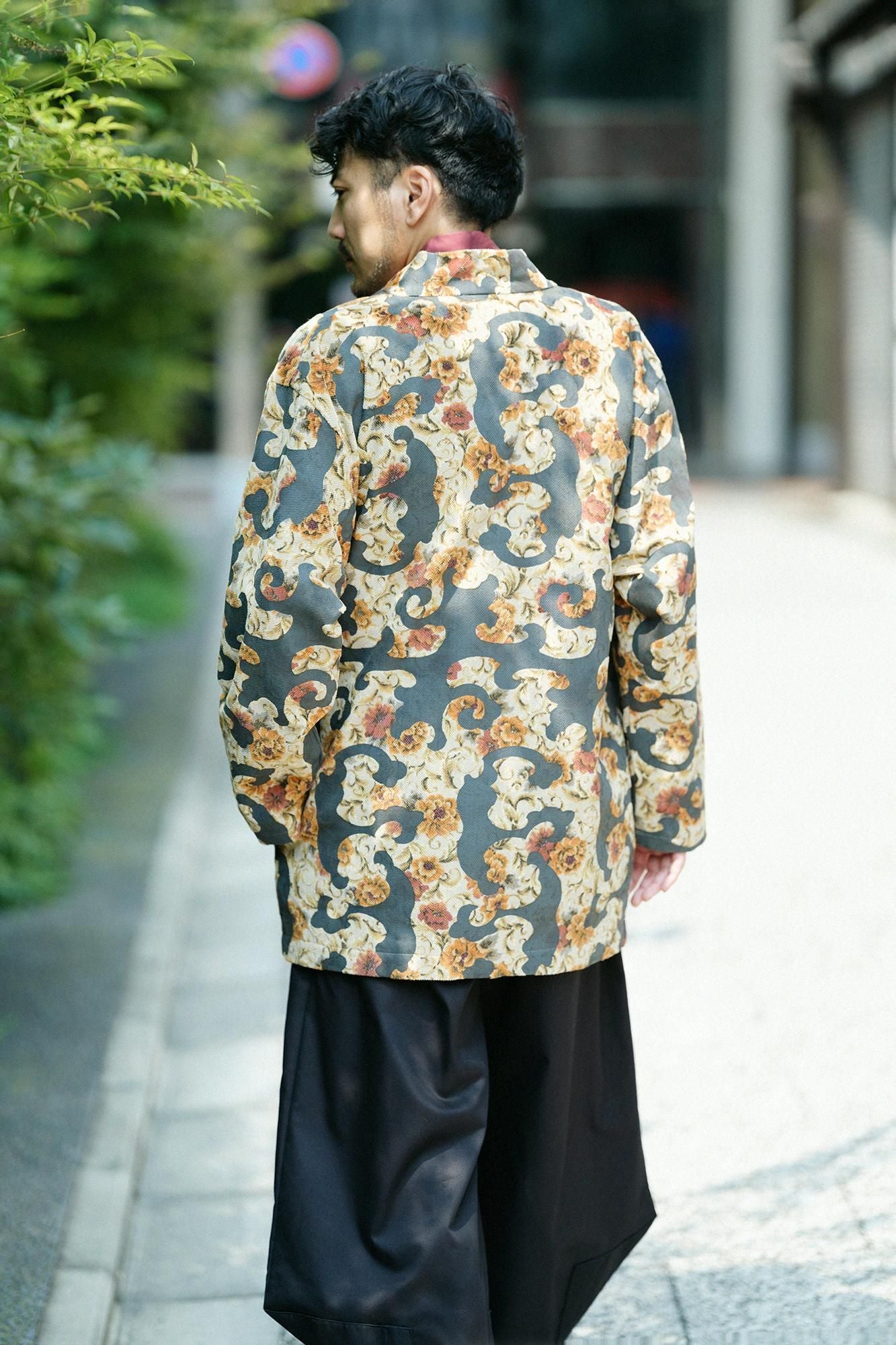Corduroy Hanten Long-sleeved Jacket with Lining / Chinese Flower and Raging Billows