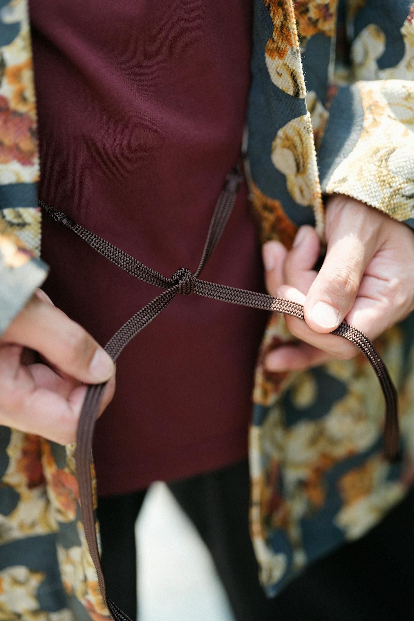 Corduroy Hanten Long-sleeved Jacket with Lining / Chinese Flower and Raging Billows