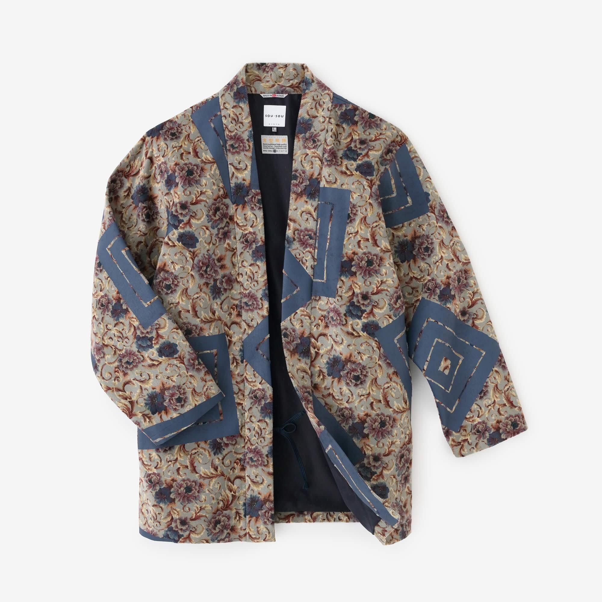 Corduroy Hanten Long-sleeved Jacket with Lining / Chinese Flower with Yamaohako