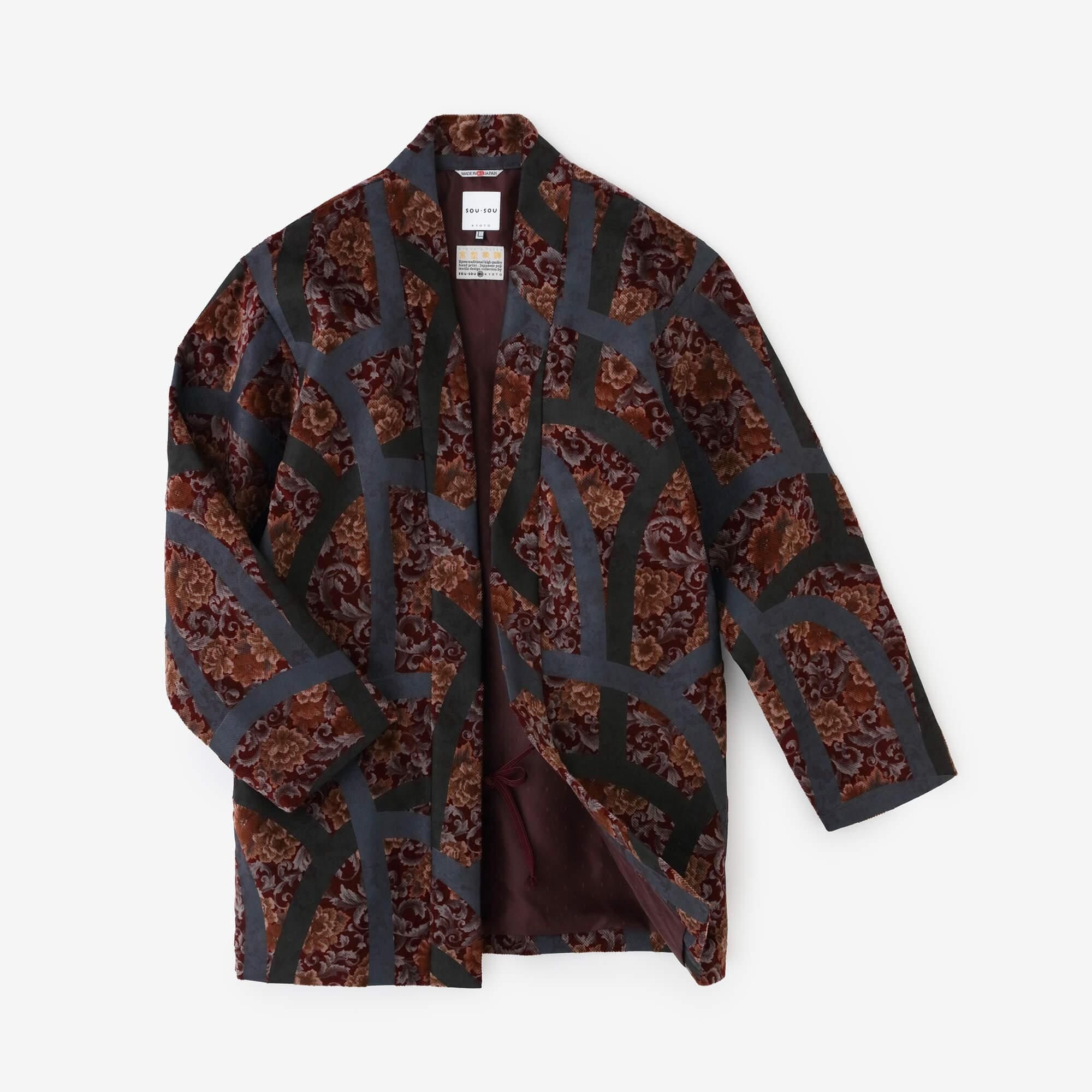 Corduroy Hanten Long-sleeved Jacket with Lining / Chinese Flower Waterfall