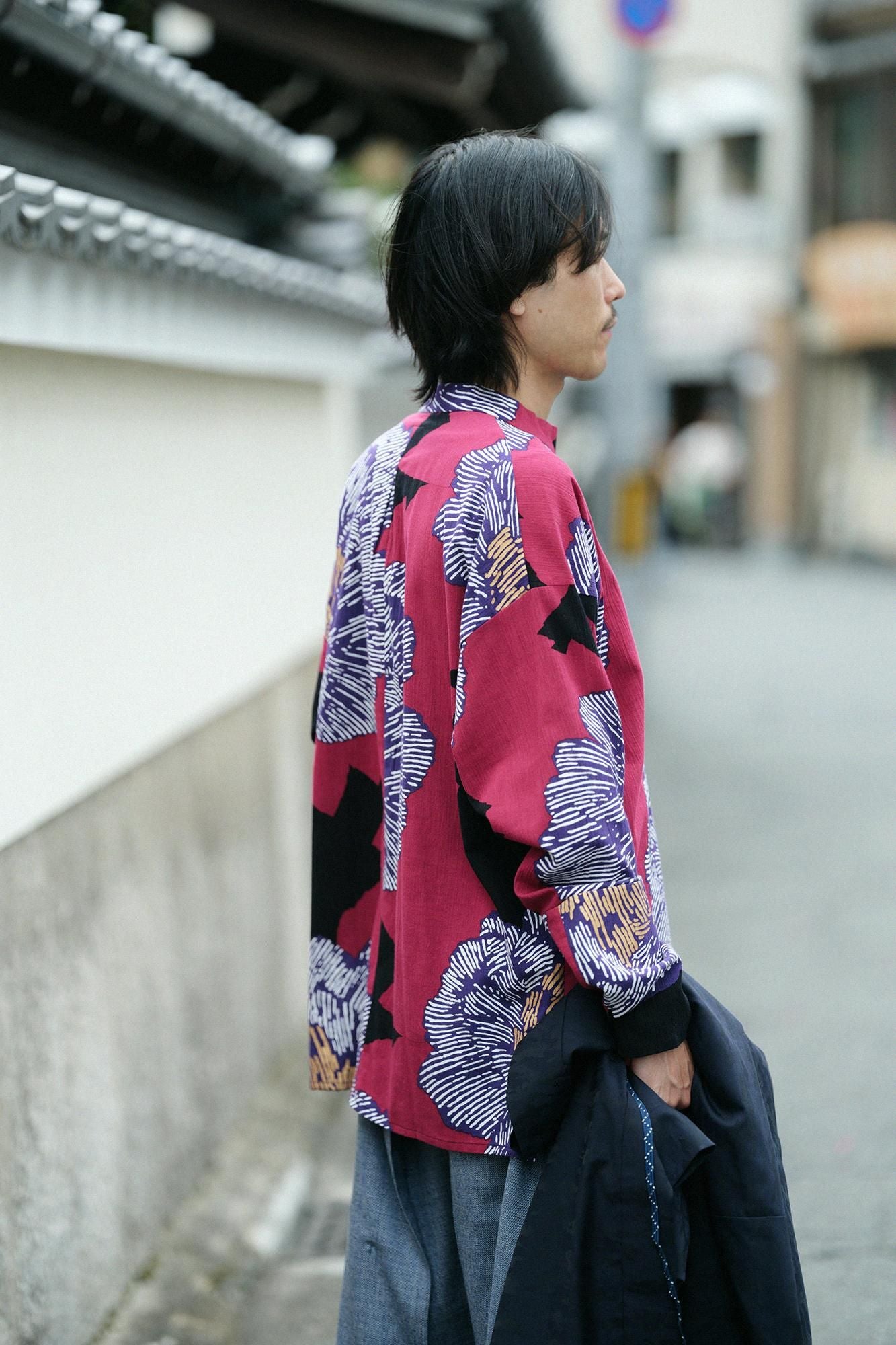 高島縮棉 20/20立領筒形袖襯衫/芍薬 燈火