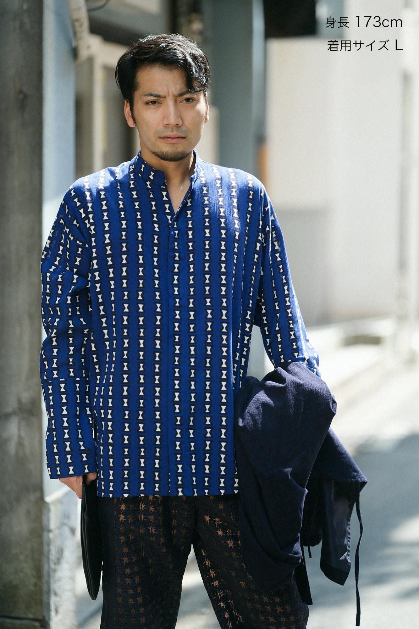 Chizimi Cotton 20/20 Band Collar Tight-sleeved Kimono Shirt / Chikiri