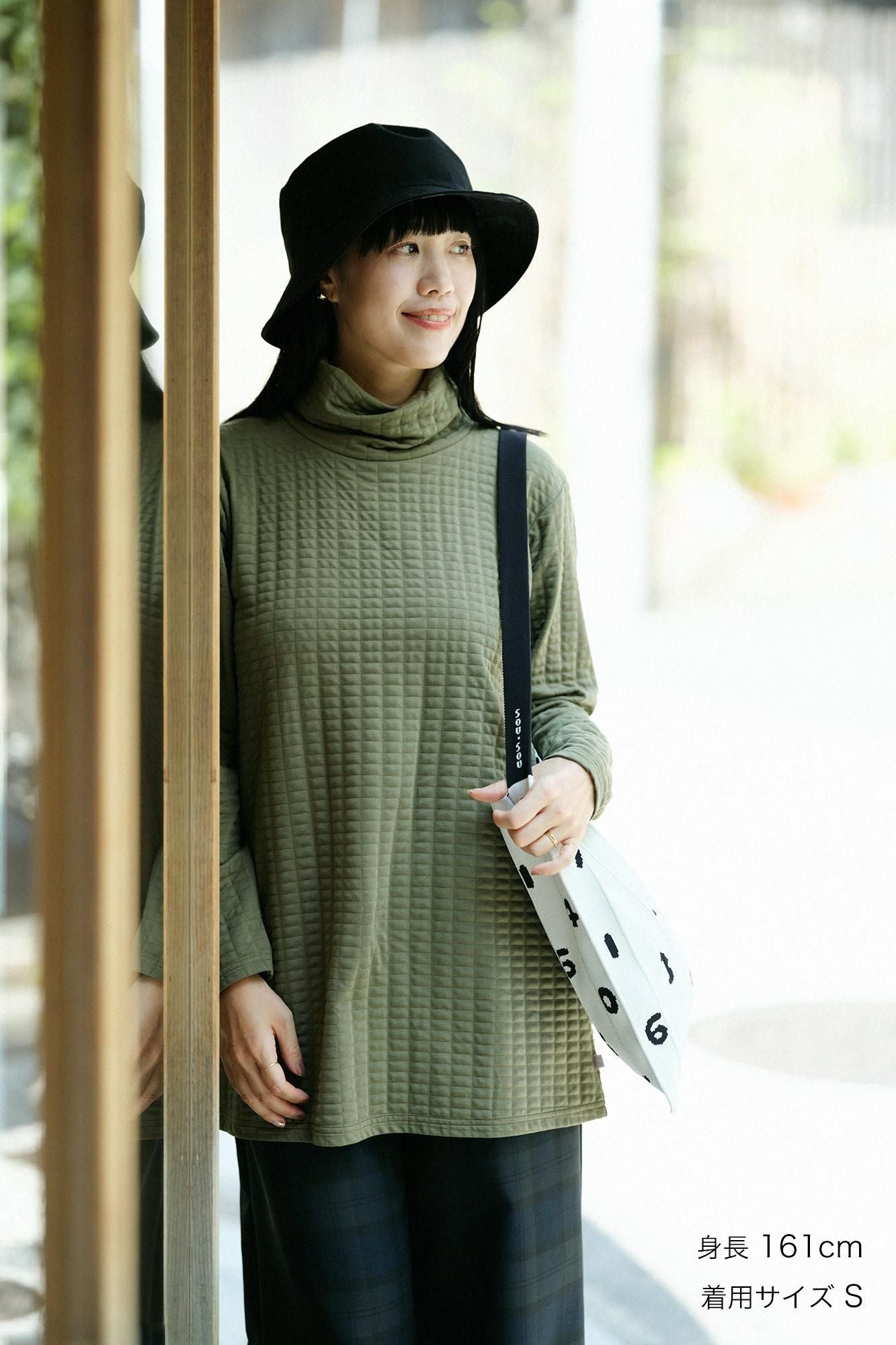 絎縫針織造型高領上衣海龜 L/S長版上衣/草綠色