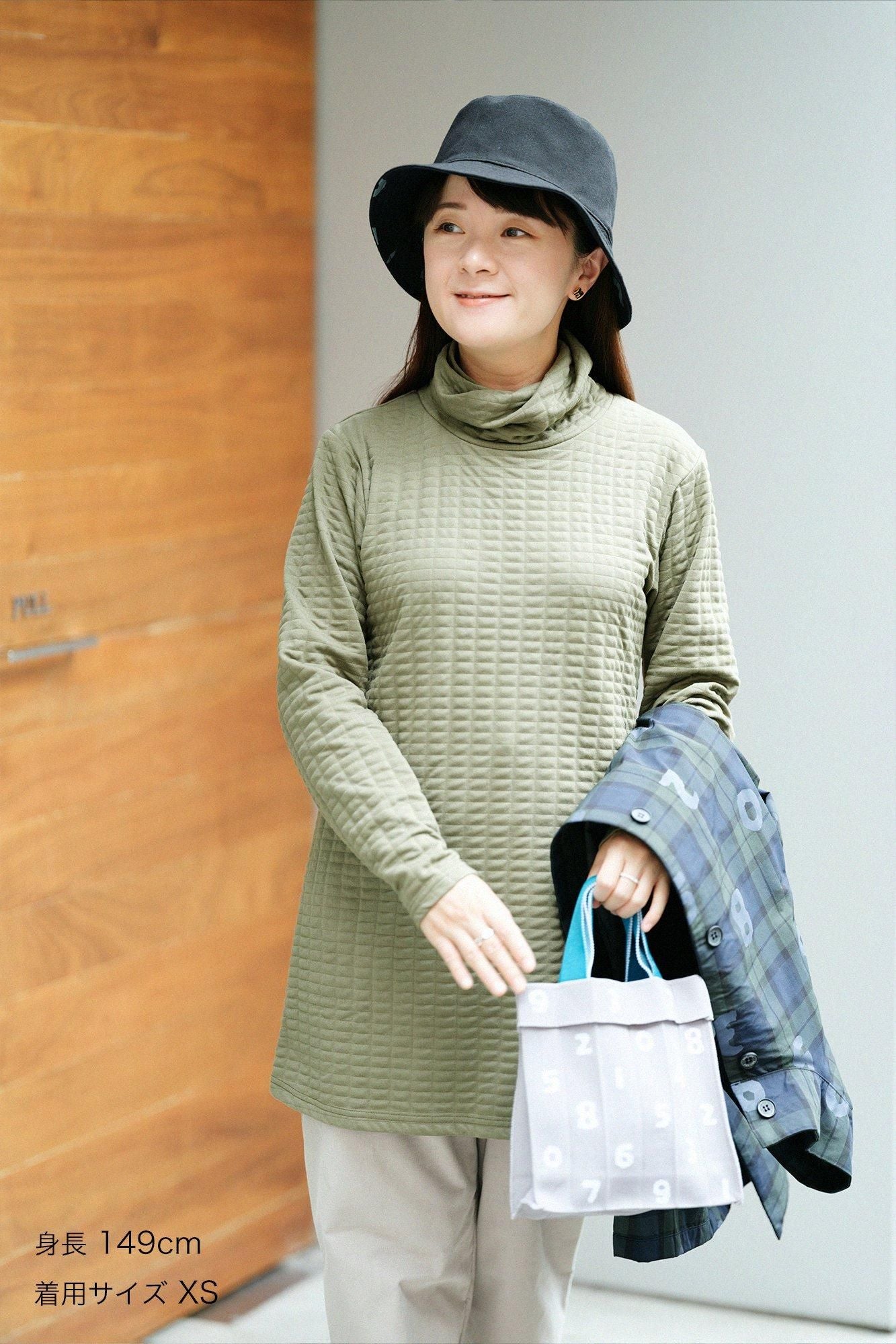 絎縫針織造型高領上衣海龜 L/S長版上衣/草綠色