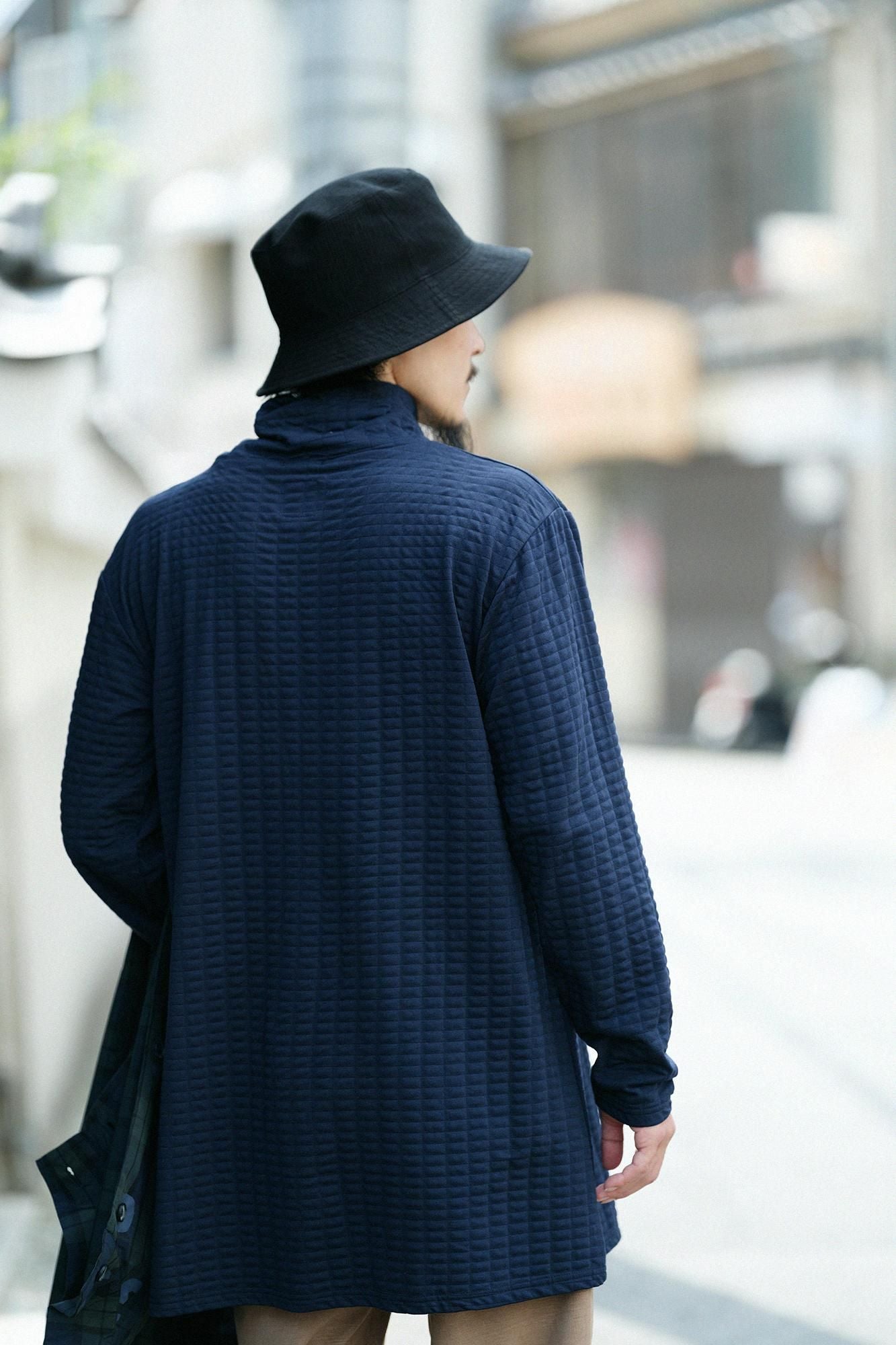 絎縫針織造型高領上衣L/S長版上衣/深藍色