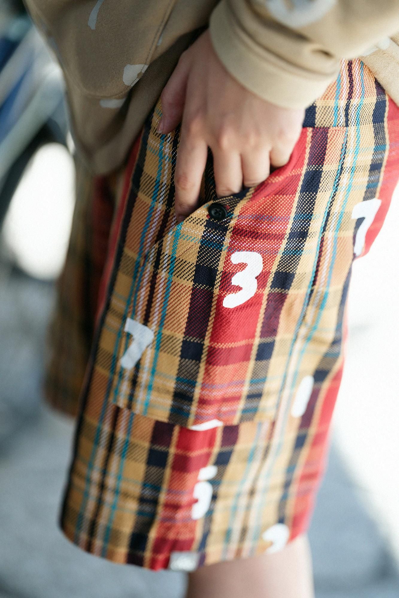 【仅网络发售】重磅斜纹布格纹BIKE短裤/红色 x SO-SU-U