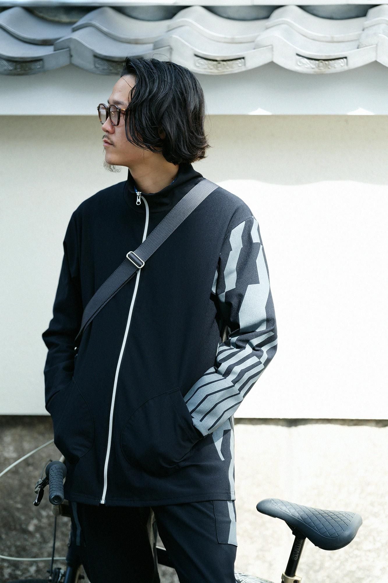 內起絨針織ZIP UP BIKE外套/黑色x漸段