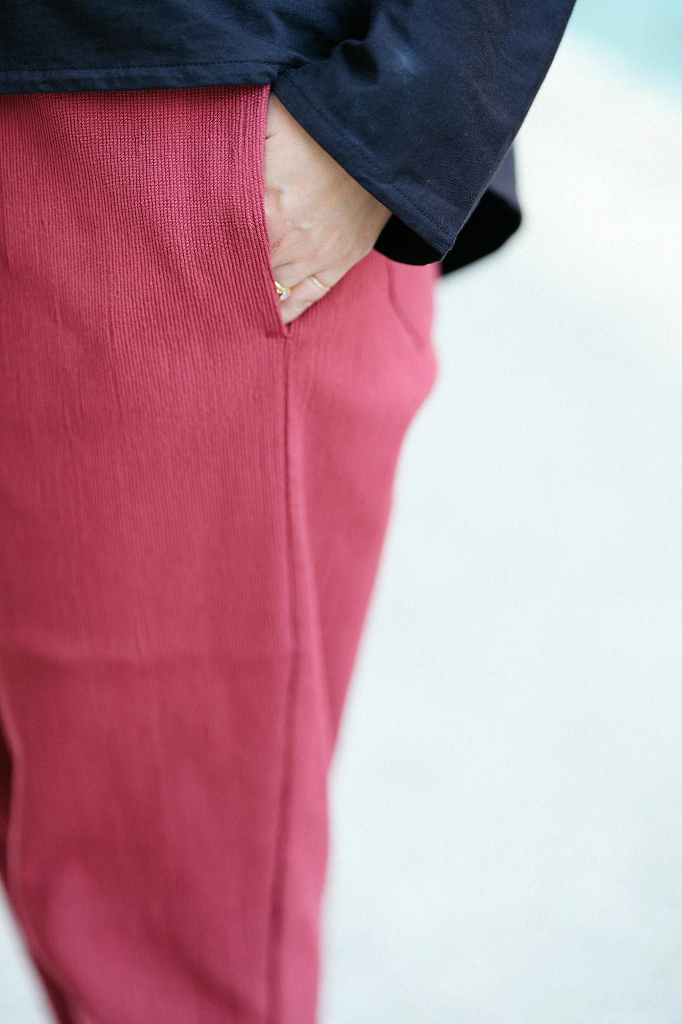 高島縮棉20/10 珠地佈型押加工休閒窄管長褲/Fukasoo