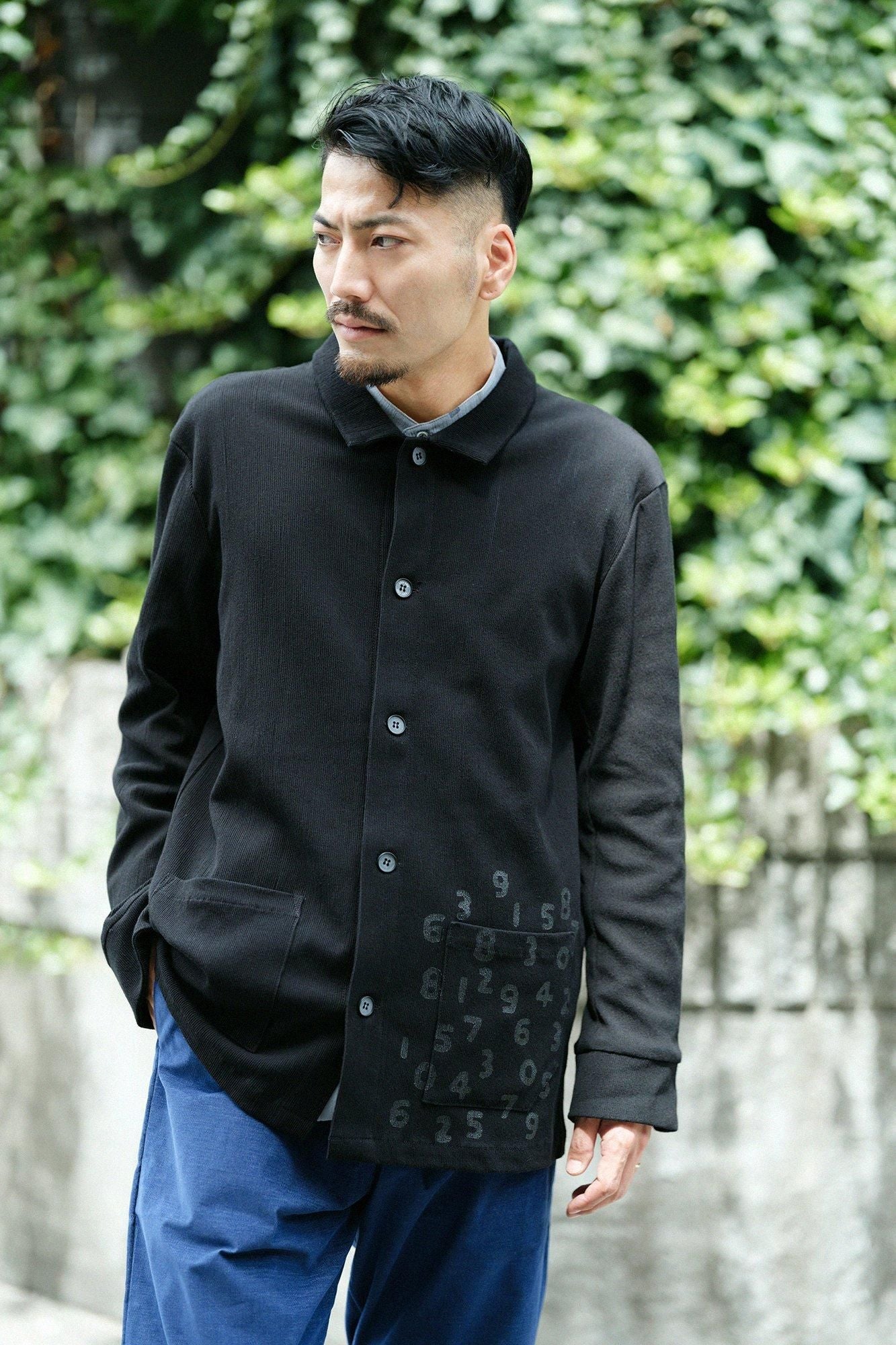 高島縮棉20/10 珠地型押加工有領夾克/黑色