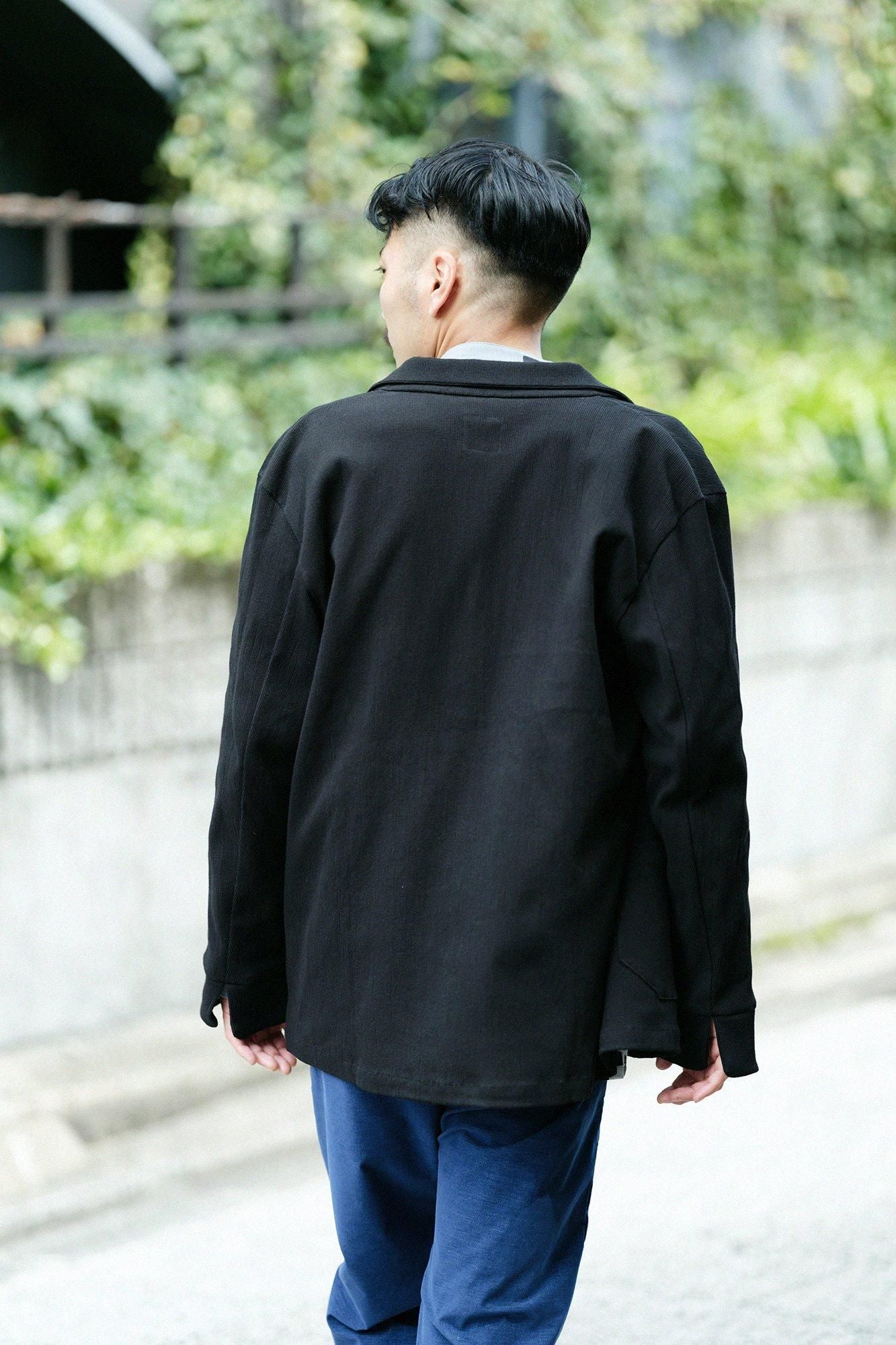 高島縮棉20/10 珠地型押加工有領夾克/黑色