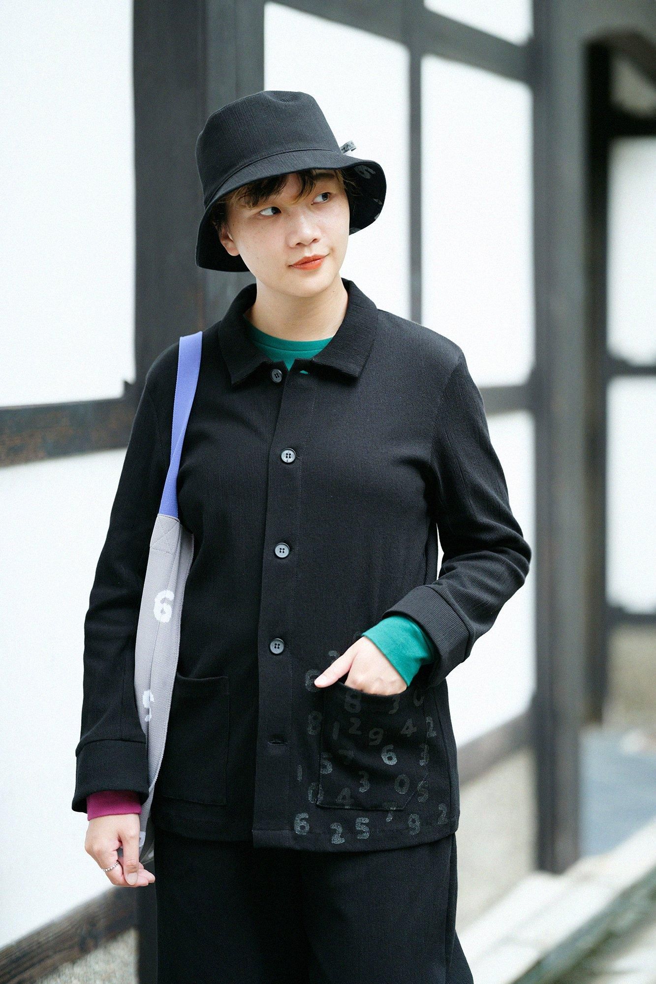 高島縮棉20/10 珠地型押加工有領夾克/黑色