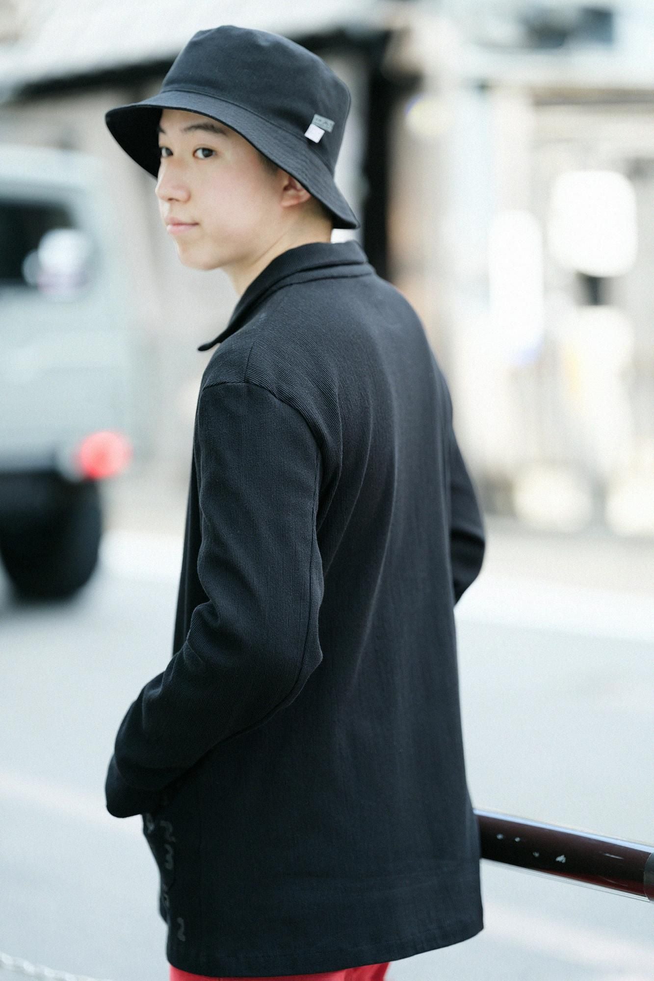 高島縮棉20/10 珠地型押加工有領夾克/黑色