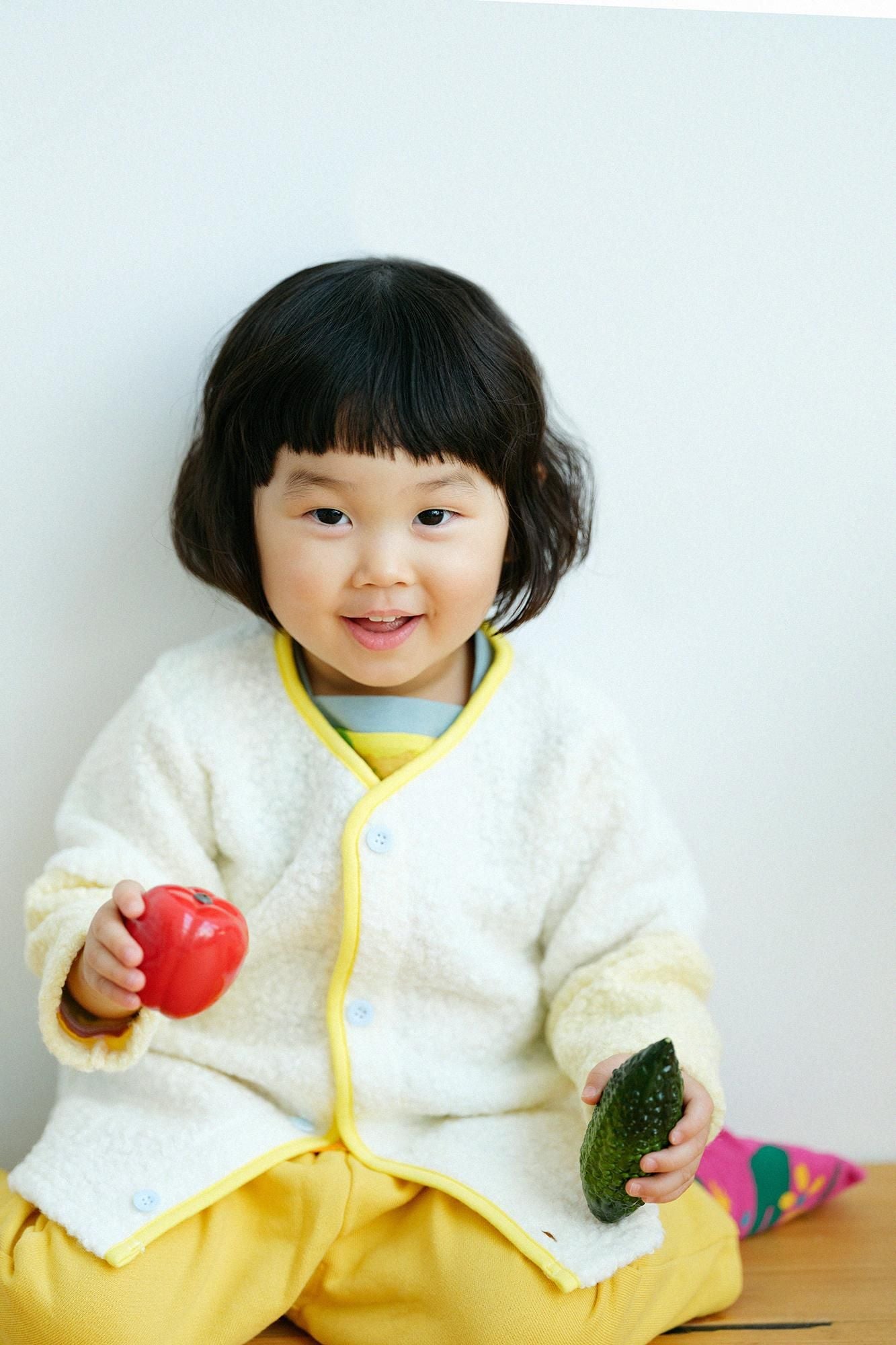 ●仿毛 雙色袖外套/純白×淺黃色