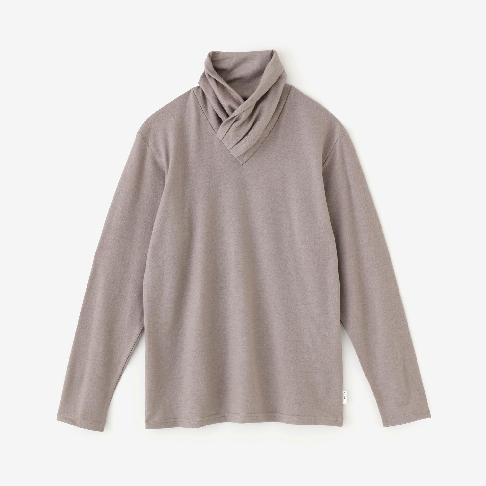 平針織 可洗羊毛 高領上衣/淺灰棕色