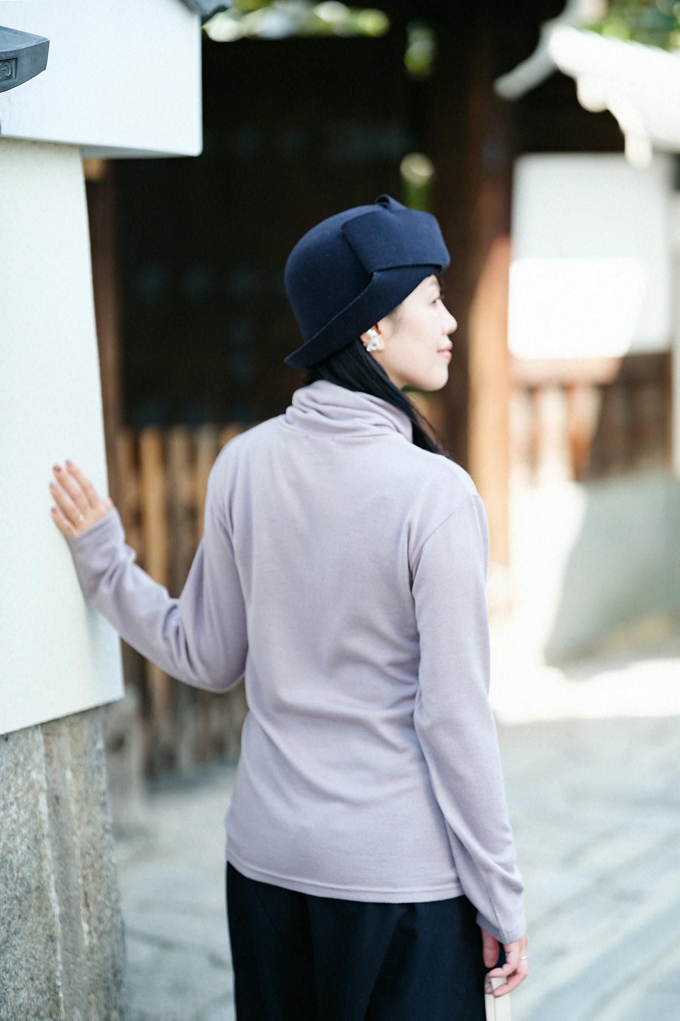 平針織 可洗羊毛 高領上衣/淺灰棕色