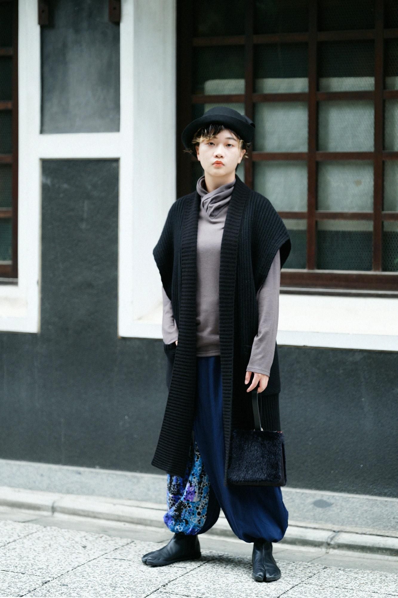 平針織 可洗羊毛 高領上衣/深灰紫色