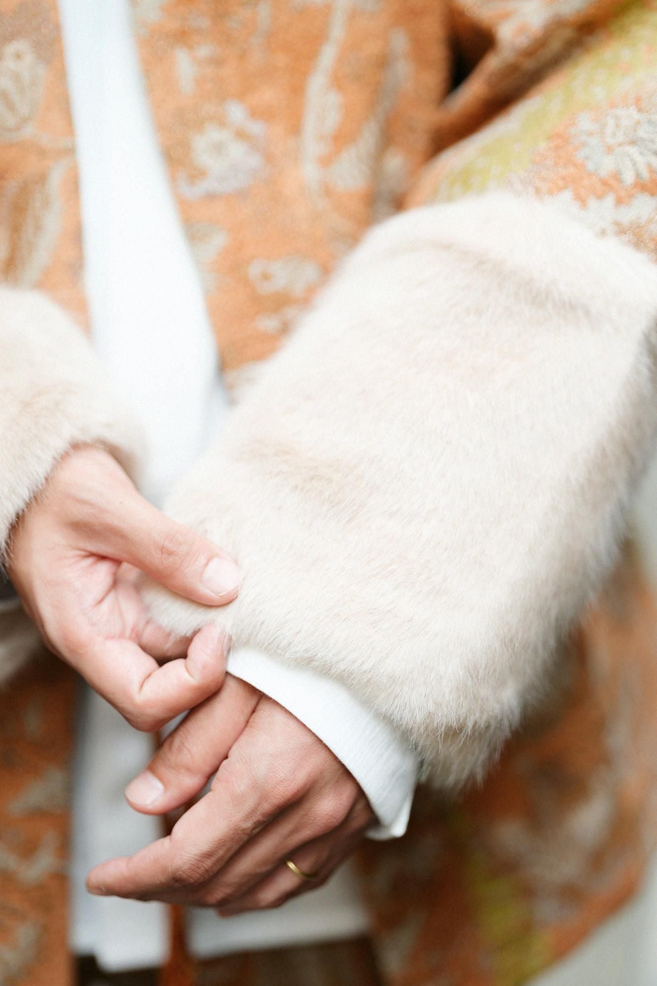 Gobelin x Faux Fur Bi-color Sleeve Hanten Long-sleeved Jacket Tied-up with Lining