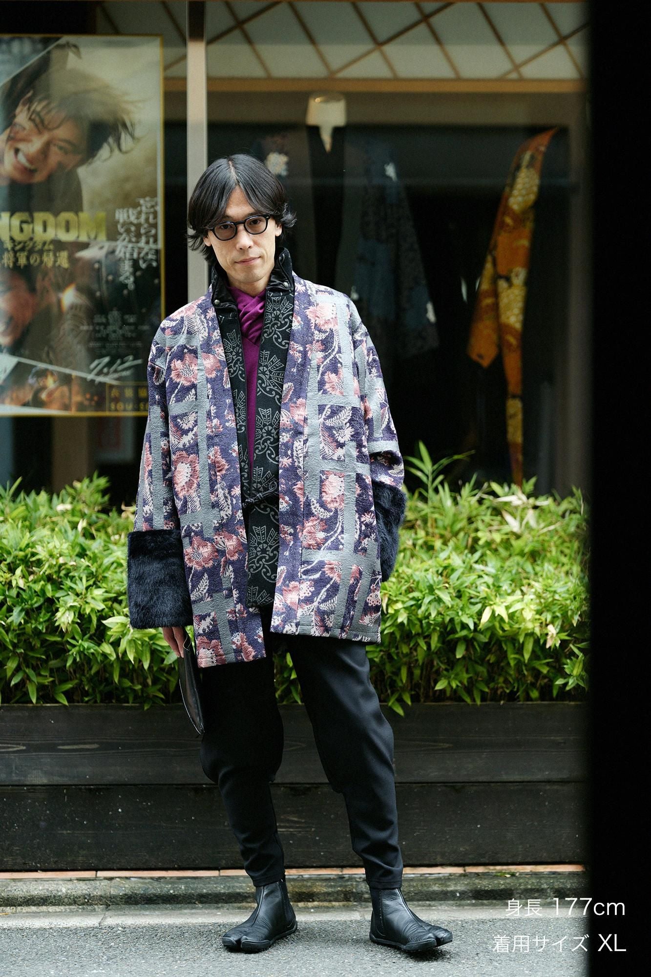 Gobelin×Faux Fur Bi-color Sleeve Tight Sleeve Hanten Jacket with Lining / Fence