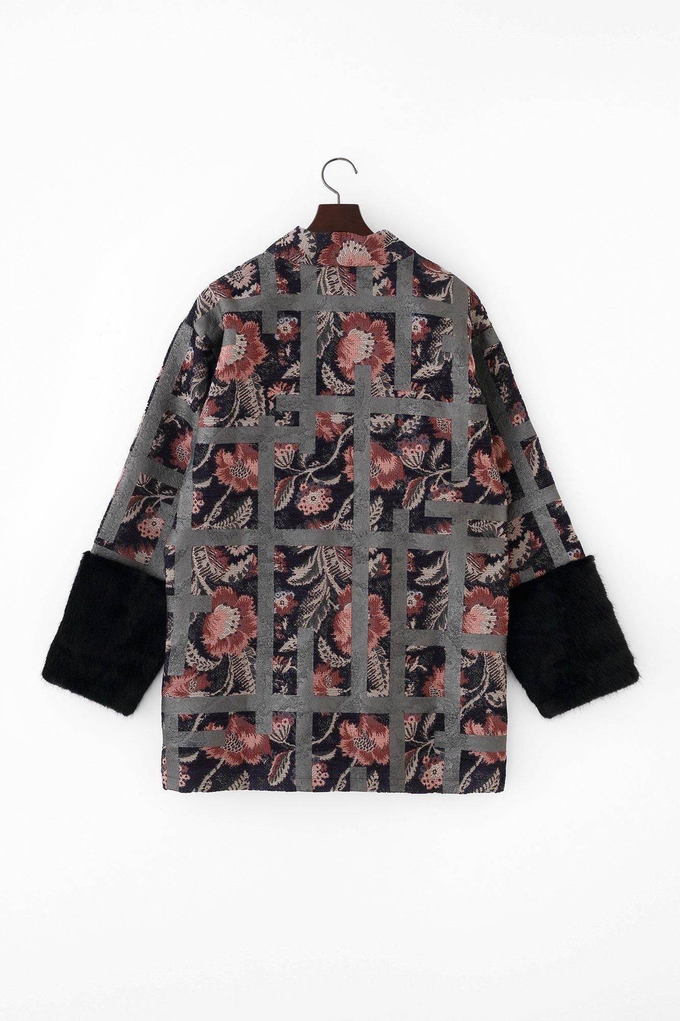 Gobelin×Faux Fur Bi-color Sleeve Tight Sleeve Hanten Jacket with Lining / Fence