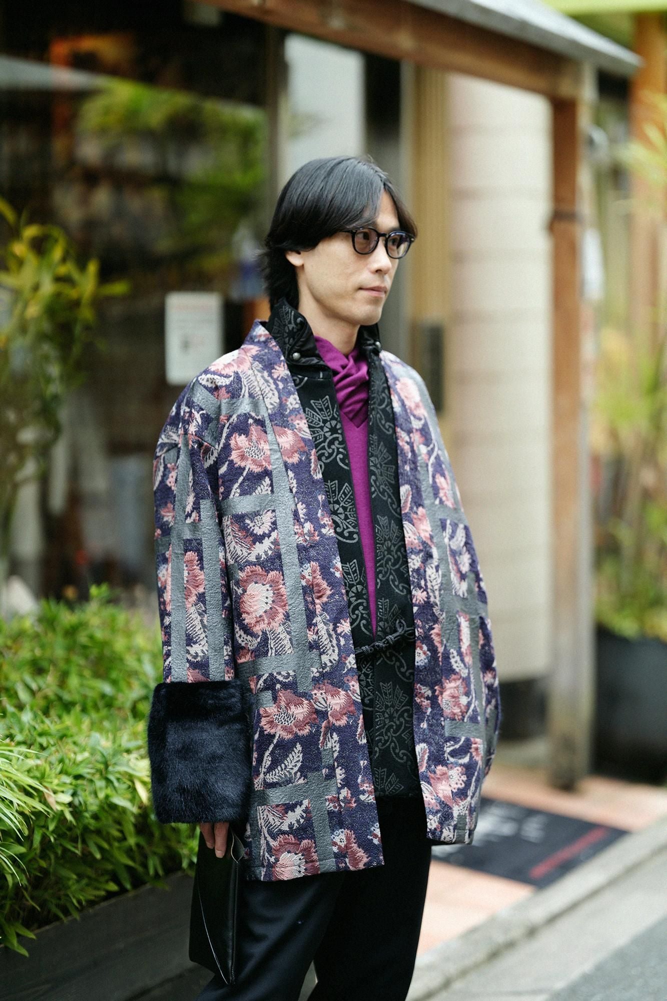 Gobelin×Faux Fur Bi-color Sleeve Tight Sleeve Hanten Jacket with Lining / Fence