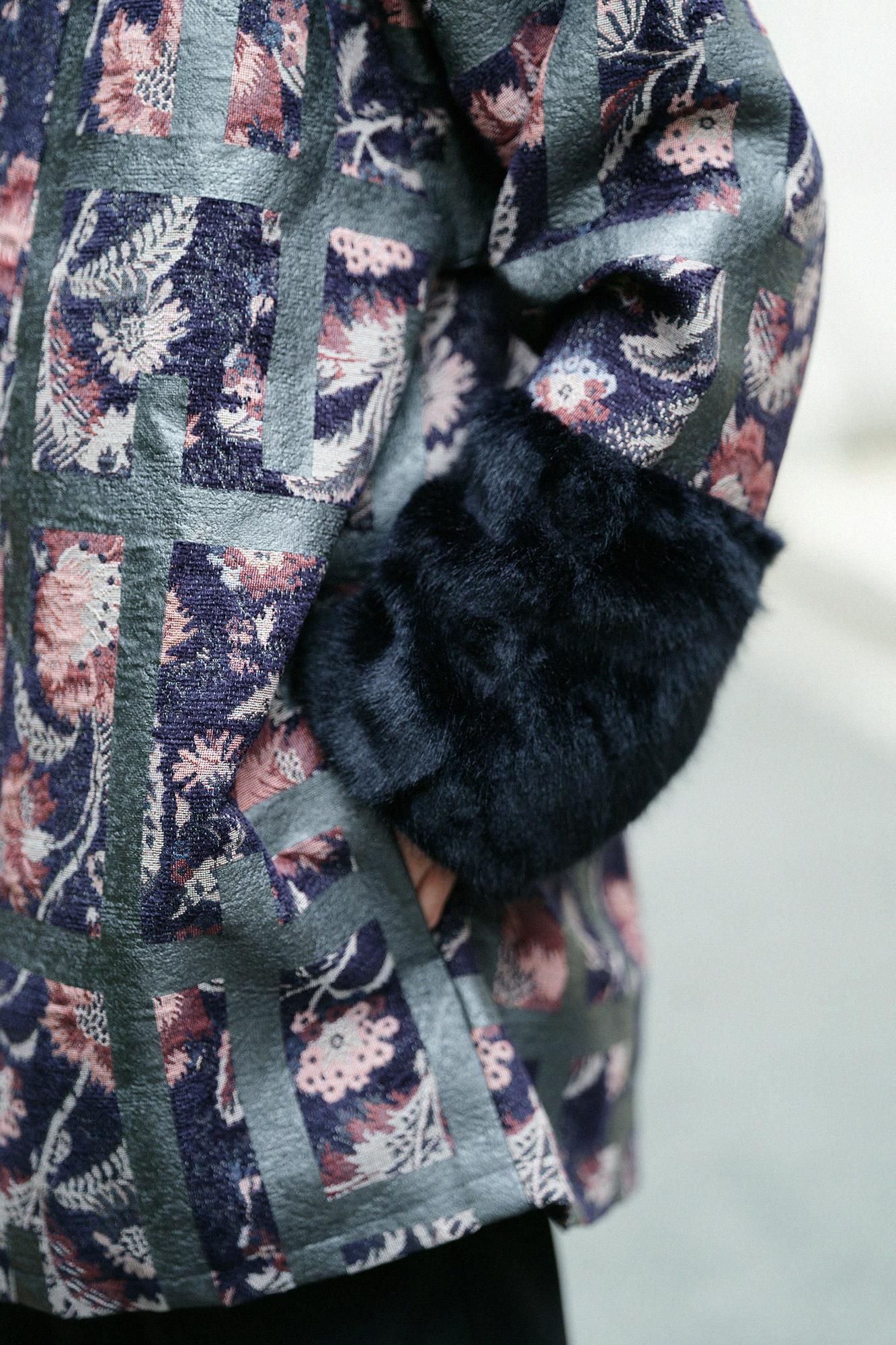 Gobelin×Faux Fur Bi-color Sleeve Tight Sleeve Hanten Jacket with Lining / Fence