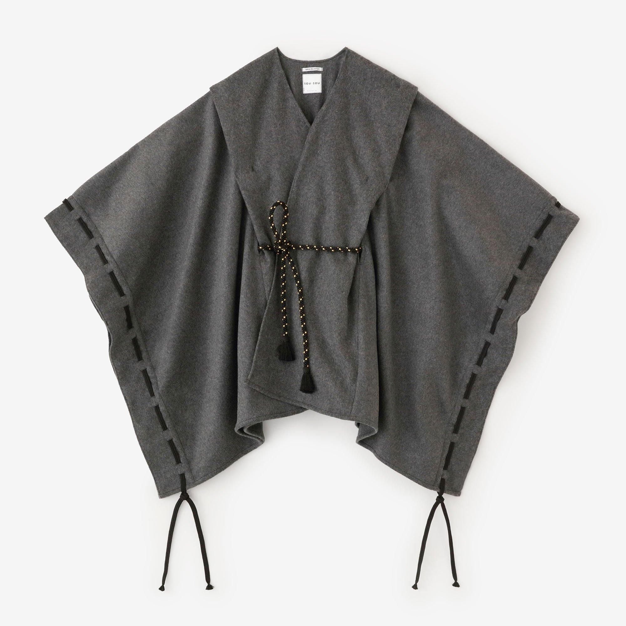 Super 120's Wool Kisaragi Poncho Hollow Out Shoulder Tuck Gather Sleeve / Dark Grey