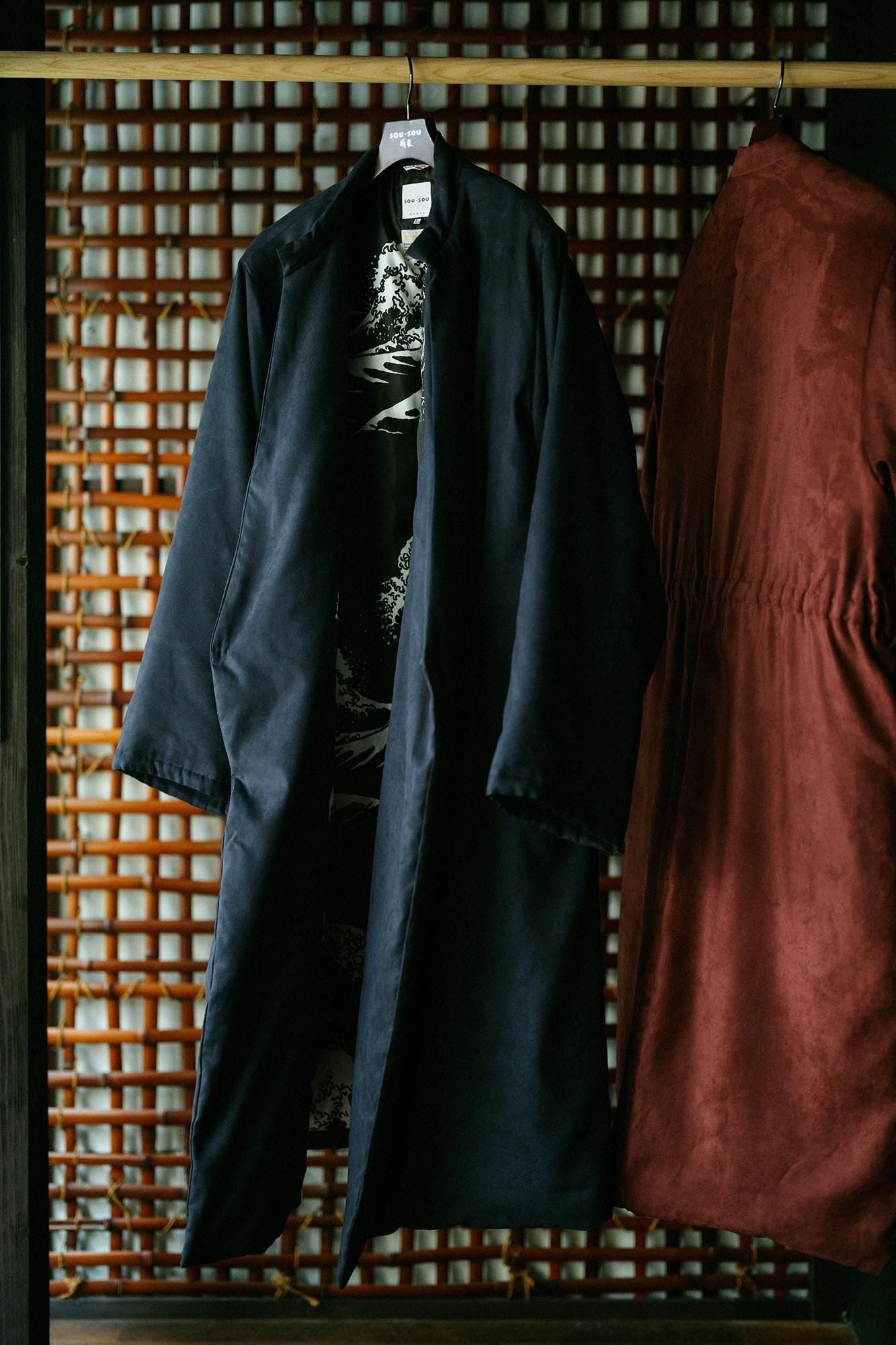 フェイクヌバック 丹前(たんぜん) 中綿袷(なかわたあわせ)/深紺(しんこん)×北斎(ほくさい) 神奈川沖浪裏(かながわおきなみうら) 写し(うつし)