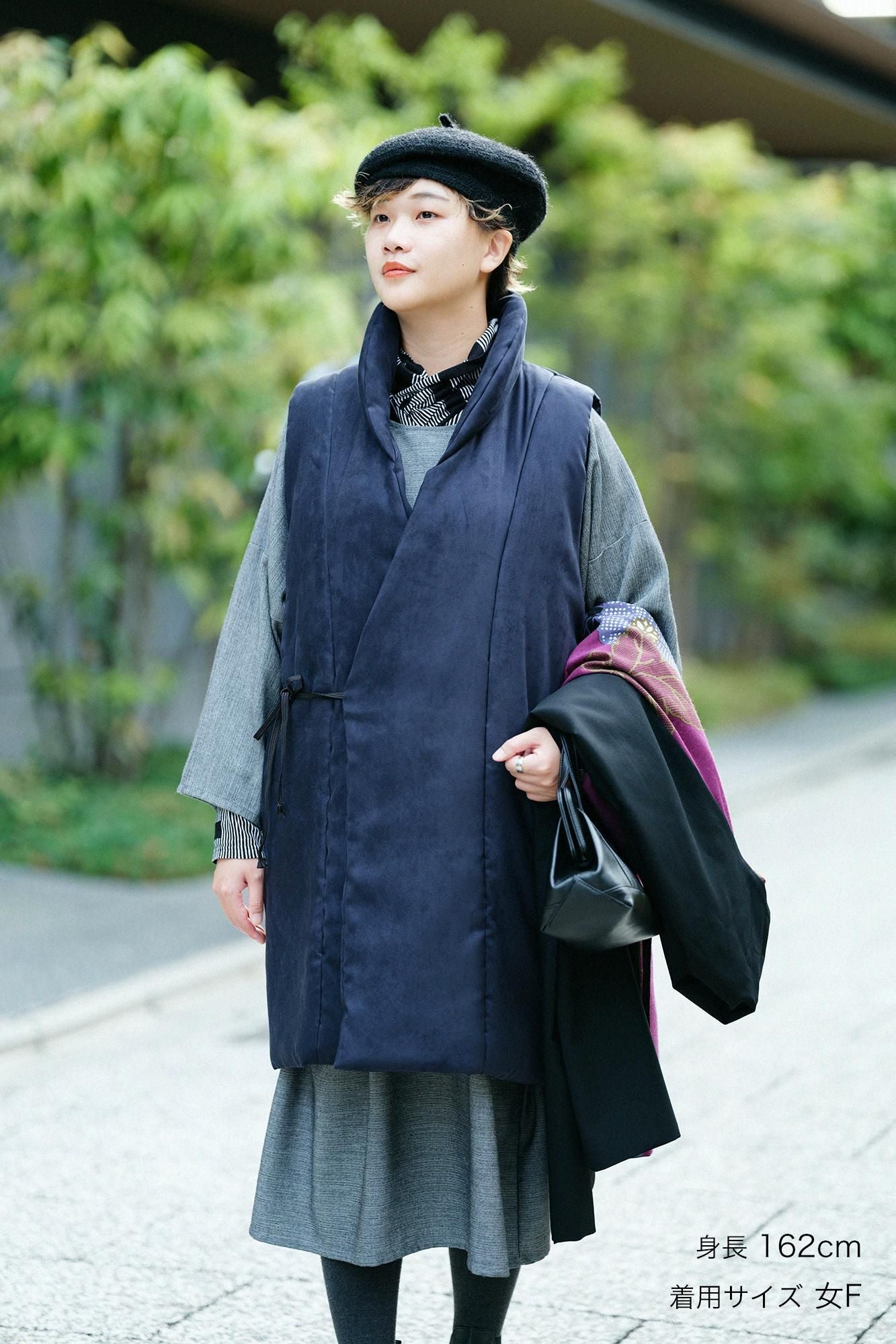 假nubuck Long Chin Baori(Nagajinbaori)衬里 /黑色海军蓝色(黑色)