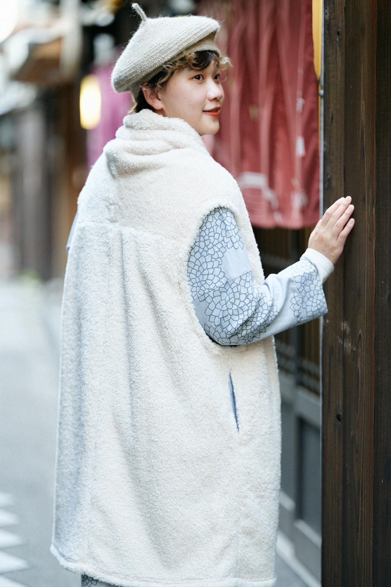 仿毛 莢背心 長版 單層/鳥白色